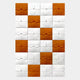 The Vellura White & Orange Textured Wood Relief 3D Wall Art by Giant Sculptures features a grid of square tiles with a leaf-like pattern and alternating colors, creating an eye-catching checkerboard wall panel design.