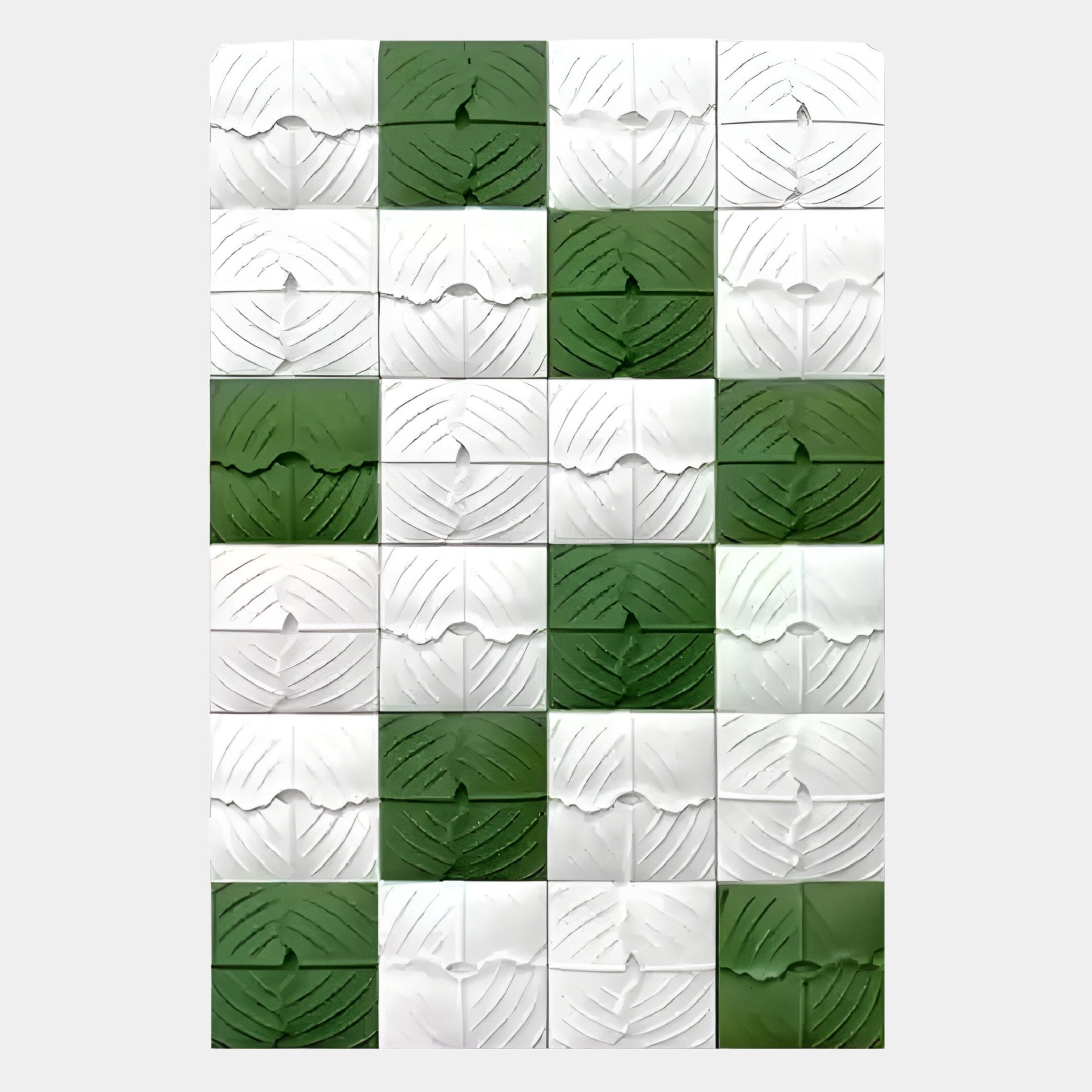 Vellura White & Green Textured Wood Relief 3D Wall Art by Giant Sculptures features hand-carved wooden tiles with curved, leaf-like embossed designs and central notches, arranged in a white and green checkerboard pattern for striking texture.