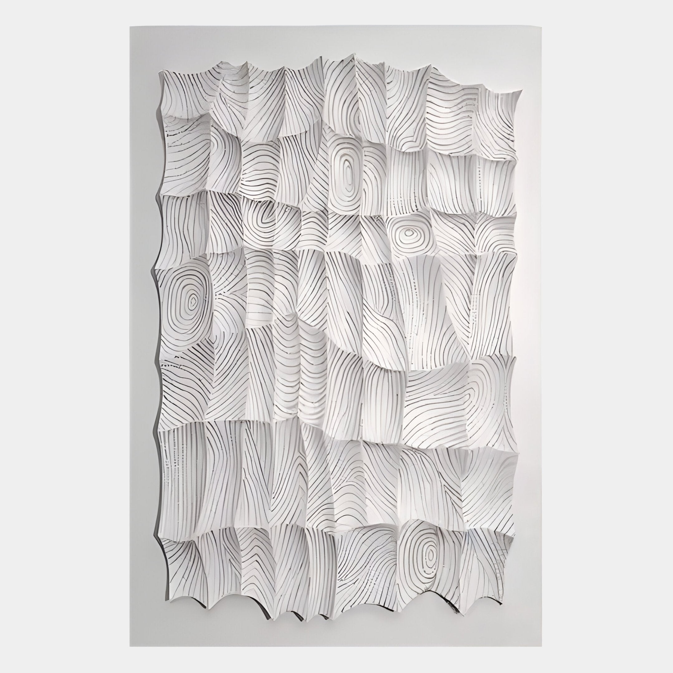 The Novara White I Hand-Painted Wood Relief 3D Wall Art by Giant Sculptures features hand-painted wavy square panels with black contour lines on white, creating a topographic look and a sense of depth and movement.