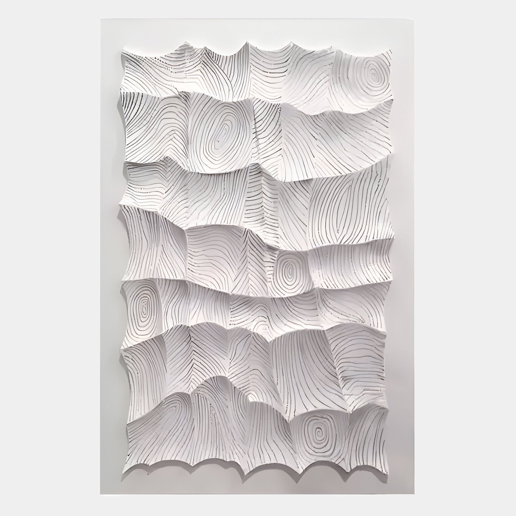The Novara White II Hand-Painted Wood Relief 3D Wall Art by Giant Sculptures features folded, wavy white surfaces with black lines, evoking topography or tree rings—ideal for minimalist interiors needing a sculptural statement piece.