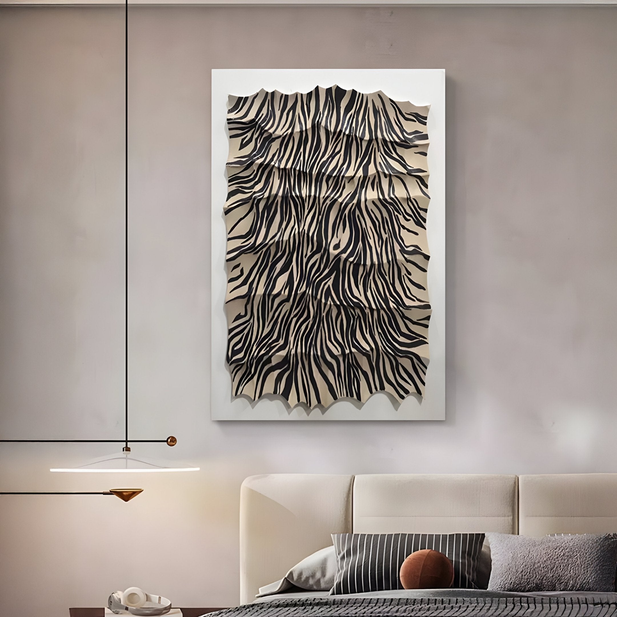 A modern bedroom showcases the Novara Zebra I Hand-Painted Wood Relief 3D Wall Art by Giant Sculptures above the bed, paired with neutral bedding, striped and textured pillows, and a minimalist pendant light on the left.