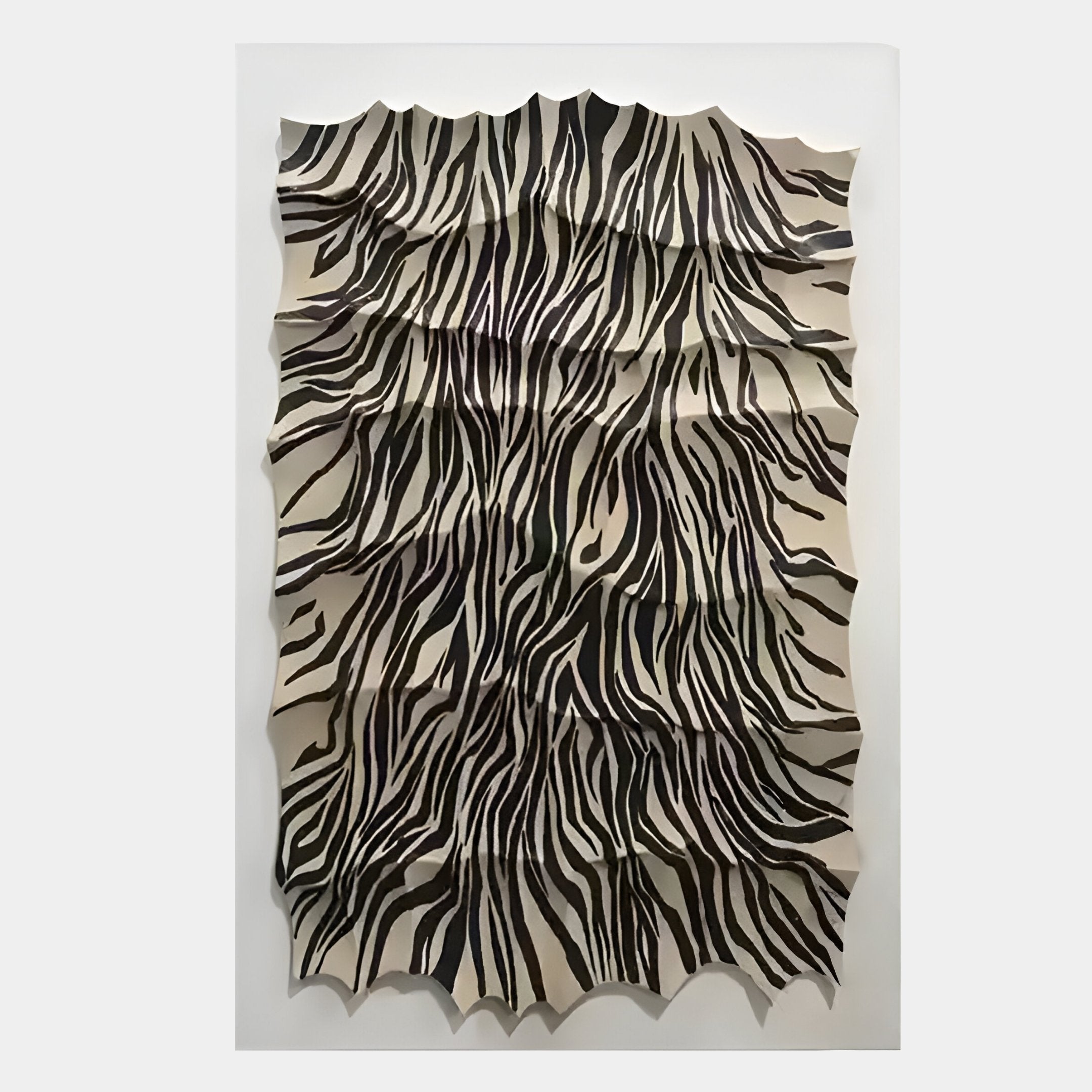 The Novara Zebra I Hand-Painted Wood Relief 3D Wall Art by Giant Sculptures features black, wavy zebra-like stripes on a cream canvas with draped, ruffled texture—perfect as bold, dimensional zebra wall art for modern interiors.
