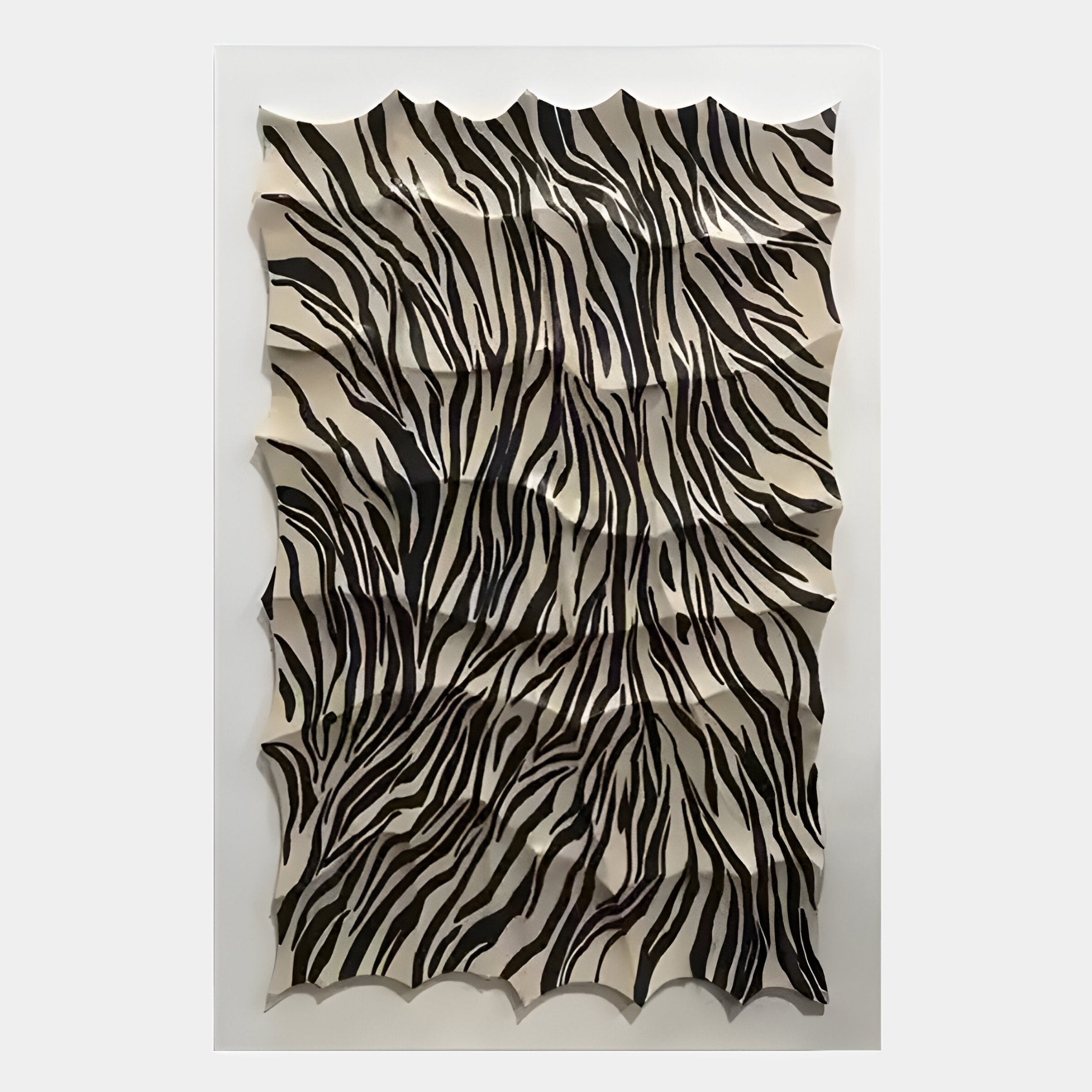 The Novara Zebra II Hand-Painted Wood Relief 3D Wall Art by Giant Sculptures features wavy, undulating surfaces with a black and beige zebra stripe pattern, adding sculptural dimension and depth to your space.