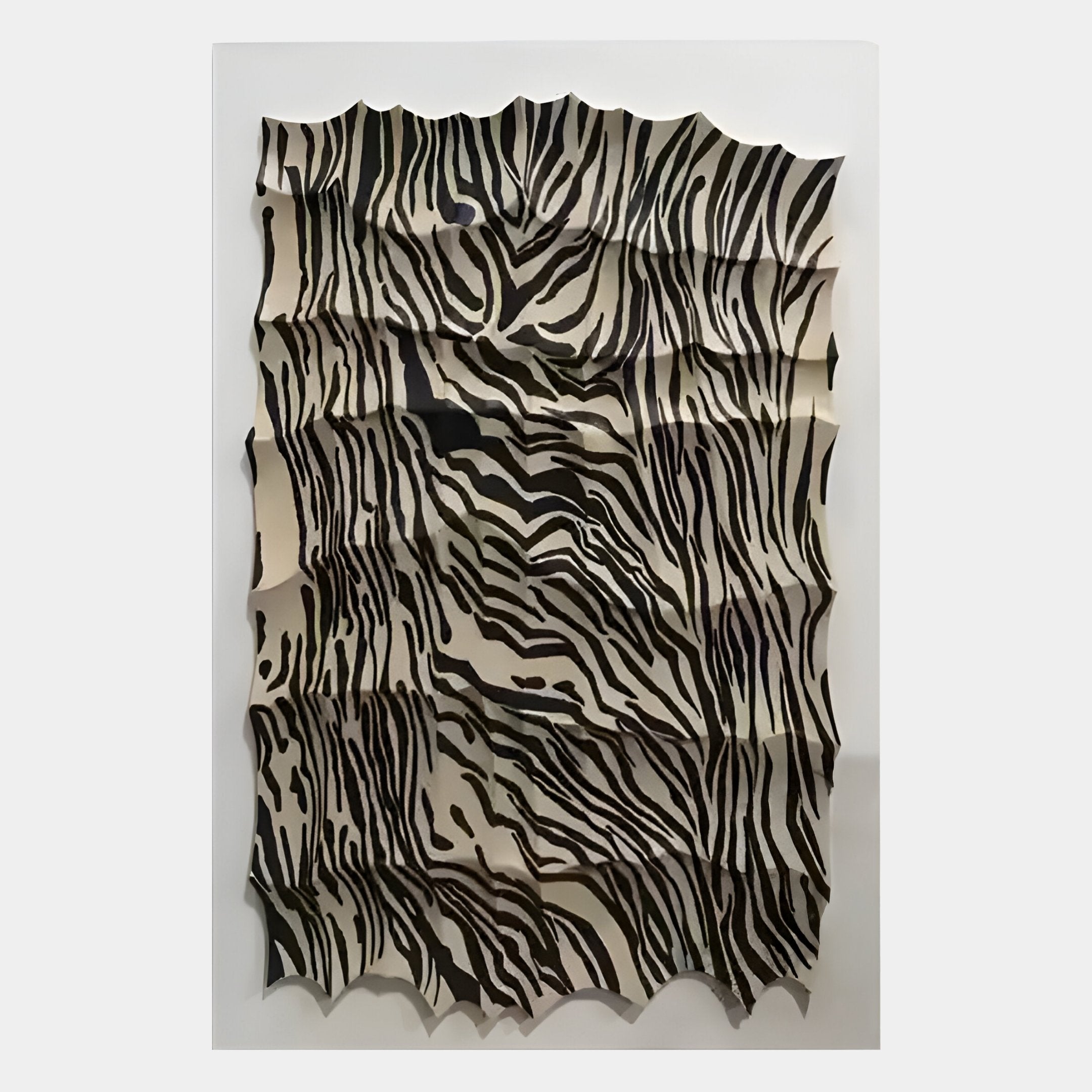 The Novara Zebra III Hand-Painted Wood Relief 3D Wall Art by Giant Sculptures features wavy, rippled surfaces with bold black and white stripes, creating a dynamic zebra-inspired sculptural effect.