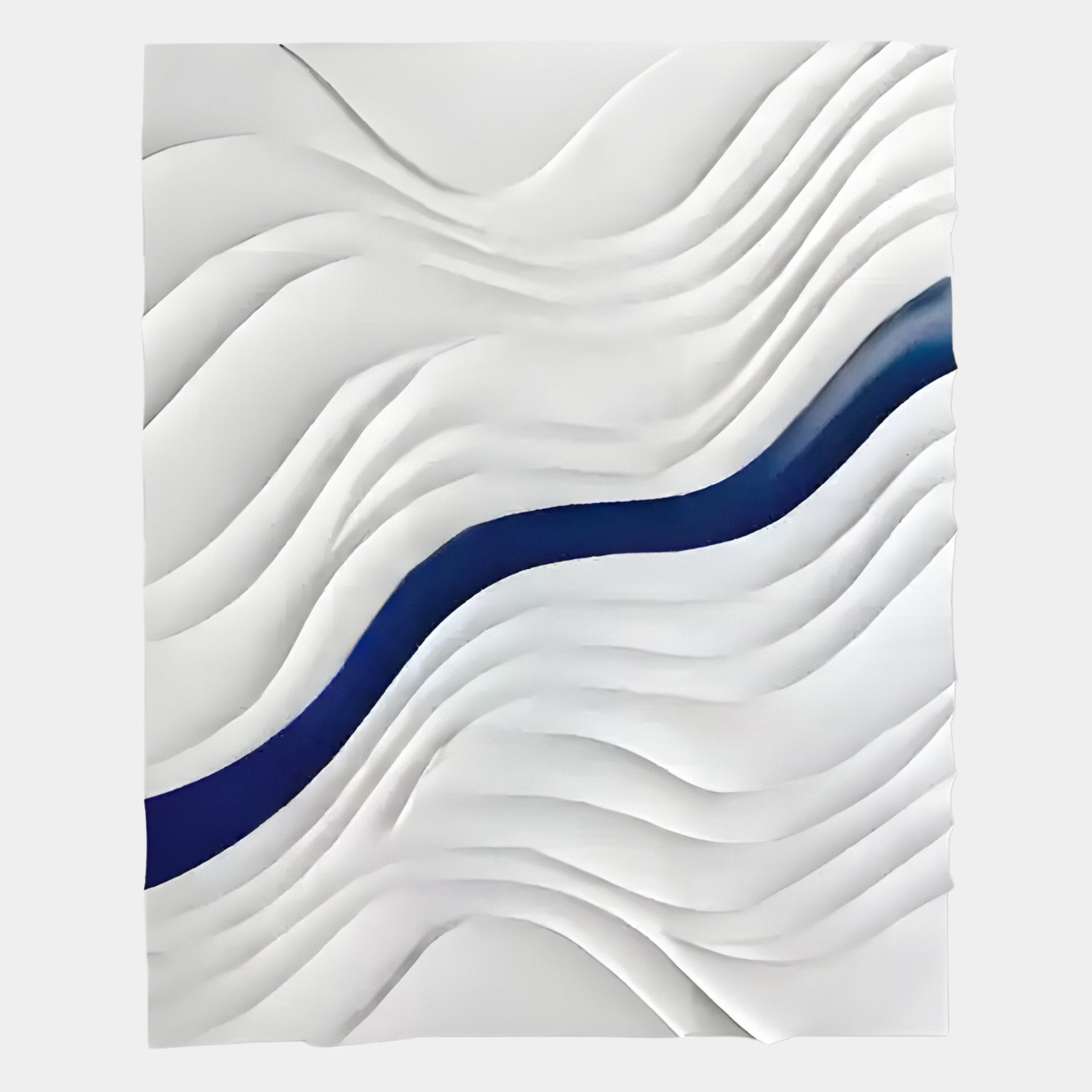 The Evolva White & Blue Hand-Painted Wood Relief 3D Wall Art by Giant Sculptures features layered white waves and a bold blue stripe, creating sculptural dimension and dynamic movement for any space.