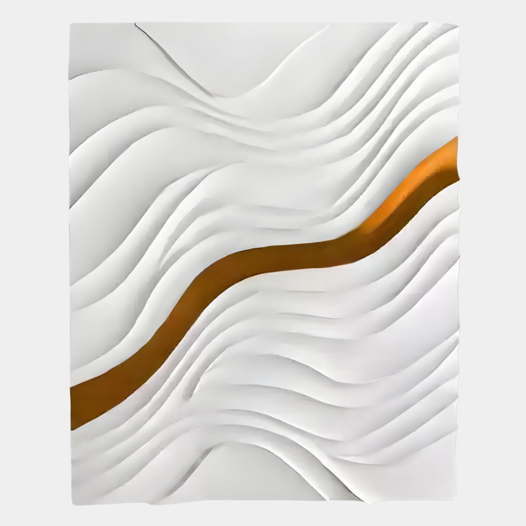 The Evolva White & Gold Hand-Painted Wood Relief 3D Wall Art by Giant Sculptures features an abstract white surface with layered, wavy lines and a bold metallic gold stripe for a striking, modern accent.