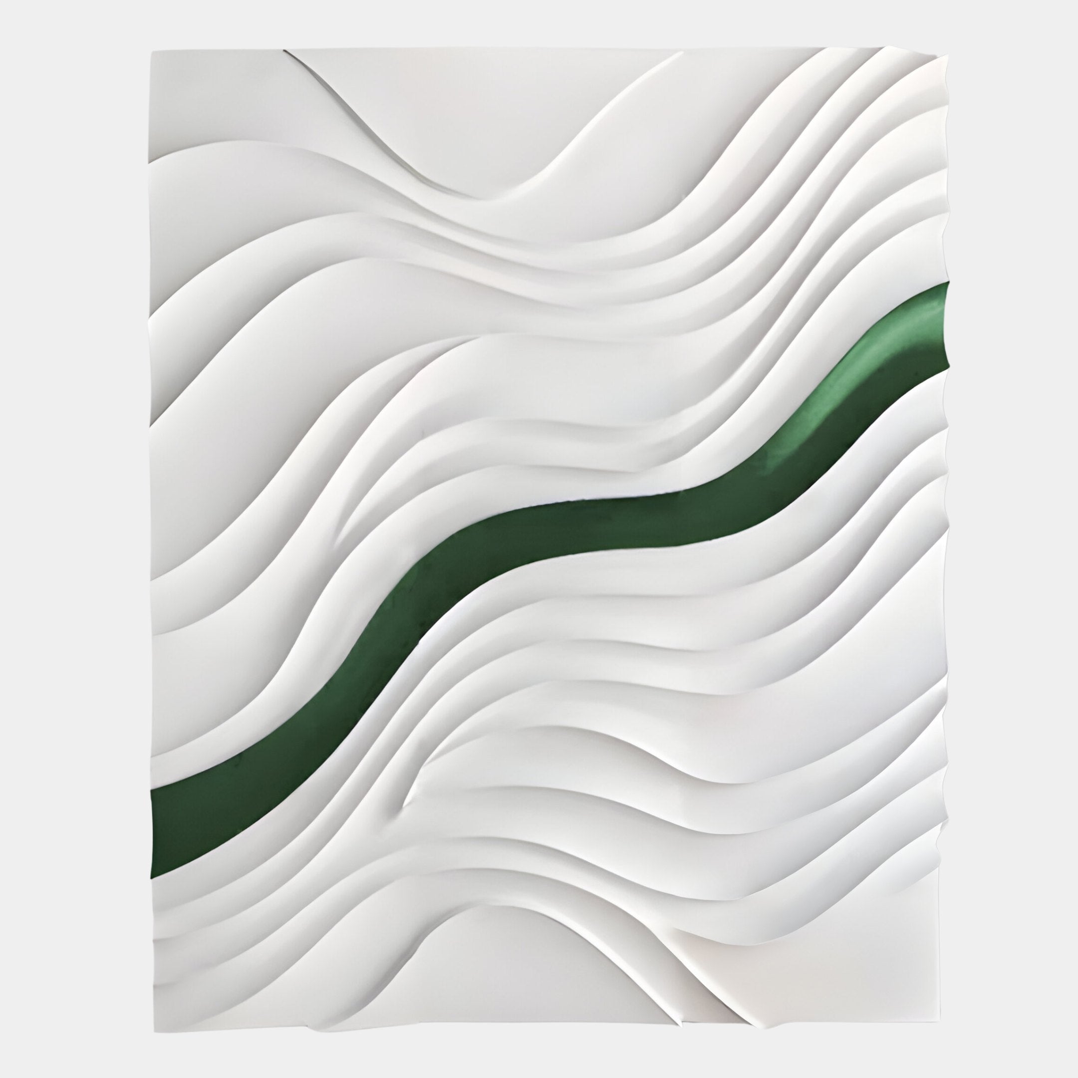 The Evolva White & Green Hand-Painted Wood Relief 3D Wall Art by Giant Sculptures features abstract white wavy curves and a green stripe, blending sculptural minimalism with striking movement and depth.
