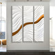 The Evolva 3-Panel White & Gold Wood Relief 3D Wall Art by Giant Sculptures features wavy sculpted textures and a bold gold diagonal accent, adding vibrant contrast to any modern, minimalist space.
