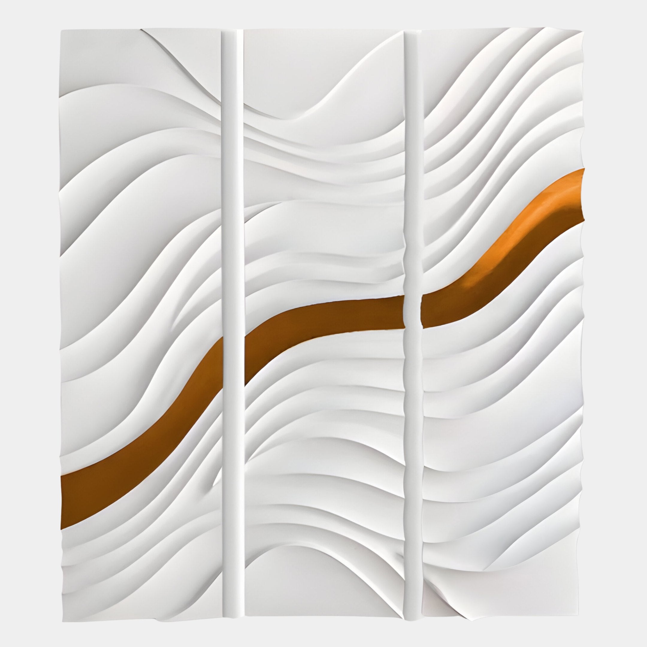 The Evolva 3-Panel White & Gold Wood Relief 3D Wall Art by Giant Sculptures features abstract flowing waves and a bold metallic gold stripe across three vertical panels for a striking, modern triptych display.