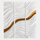 The Evolva 3-Panel White & Gold Wood Relief 3D Wall Art by Giant Sculptures features abstract flowing waves and a bold metallic gold stripe across three vertical panels for a striking, modern triptych display.