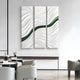 The Evolva 3-Panel White & Green Wood Relief 3D Wall Art by Giant Sculptures features bold green curves on white wavy textures, shown above modern neutral chairs and small tables.
