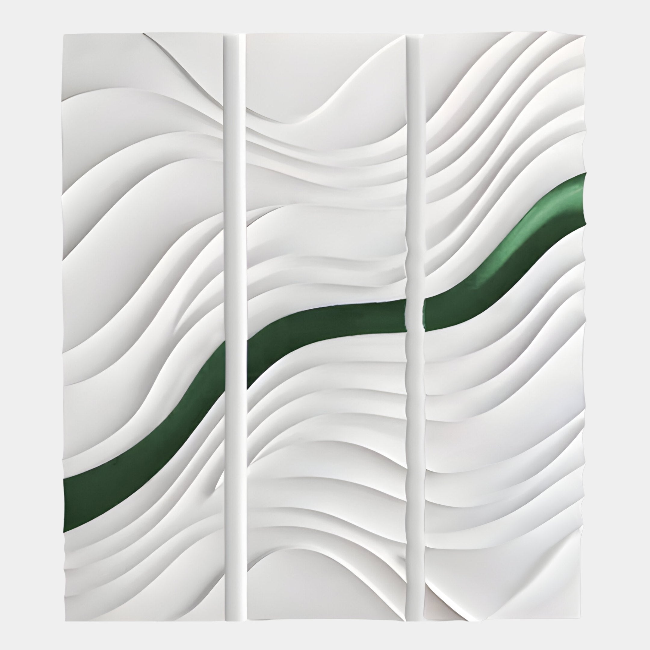 The Evolva 3-Panel White & Green Wood Relief 3D Wall Art by Giant Sculptures features layered wavy lines and a bold dark green diagonal stripe, creating a sculptural landscape in striking three-dimensional wall art.