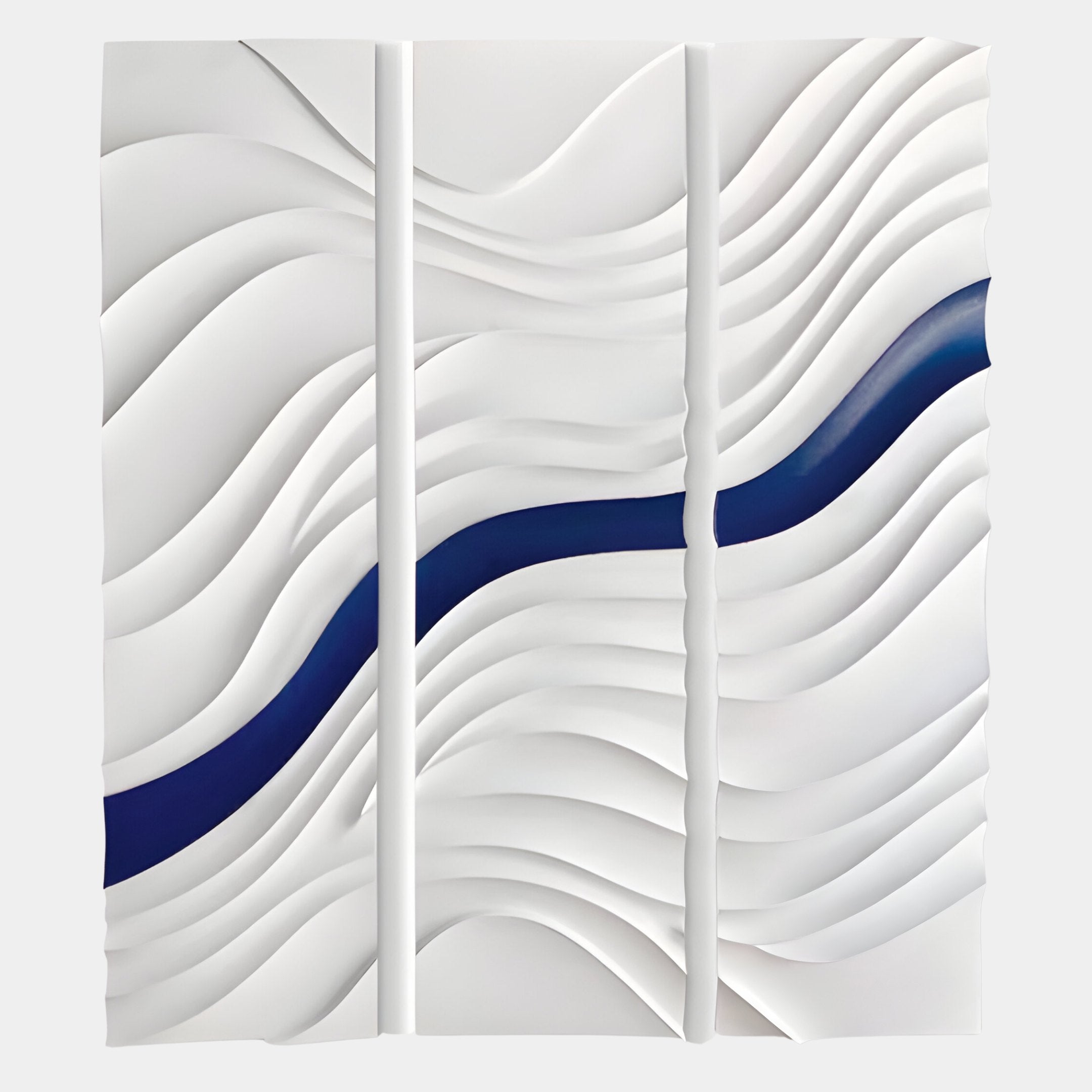 The Evolva 3-Panel White & Blue Wood Relief 3D Wall Art by Giant Sculptures features layered, wavy white forms with a bold horizontal blue stripe, creating striking sculptural flow across three panels.