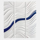 The Evolva 3-Panel White & Blue Wood Relief 3D Wall Art by Giant Sculptures features layered, wavy white forms with a bold horizontal blue stripe, creating striking sculptural flow across three panels.