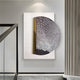 The Artevia Grey & White Geometric Wood Relief 3D Wall Art by Giant Sculptures features a striking black circle and intersecting gold and white lines on a textured background, ideal for modern and minimalist interiors.