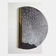 The Artevia Grey & White Geometric Wood Relief 3D Wall Art by Giant Sculptures features a semi-circular panel with white lines on black and a vertical metallic accent, ideal for elevating modern decor.