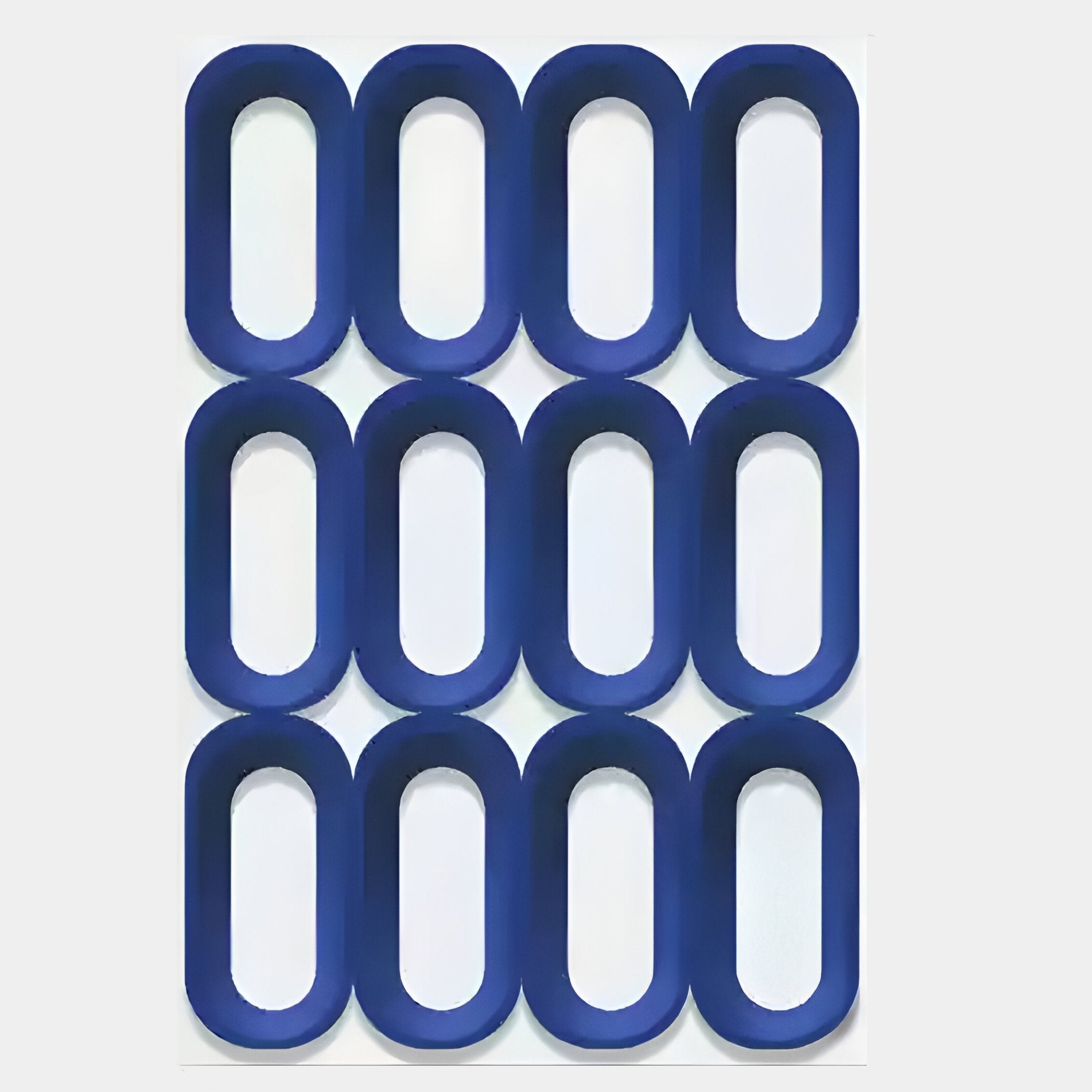 The Revela White & Blue Geometric Wood Relief 3D Wall Art by Giant Sculptures features twelve blue, open-centered forms in a three-by-four grid on white, resembling linked chain links with a minimalist aesthetic.