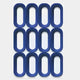 The Revela White & Blue Geometric Wood Relief 3D Wall Art by Giant Sculptures features twelve blue, open-centered forms in a three-by-four grid on white, resembling linked chain links with a minimalist aesthetic.