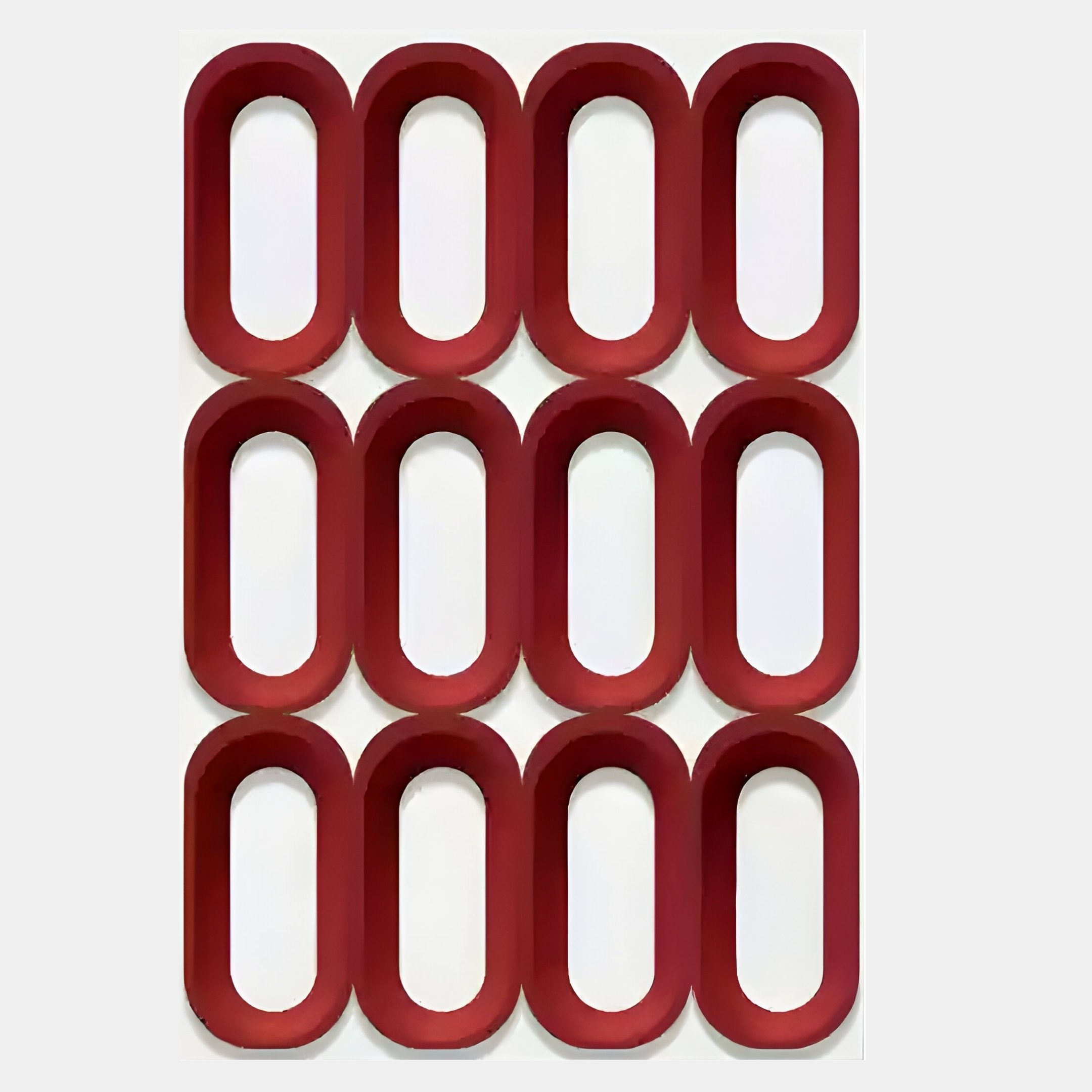 Twelve red, oval frames form a 3x4 grid on white in the Revela White & Red Geometric Wood Relief 3D Wall Art by Giant Sculptures, creating bold contrast and a sculptural aesthetic reminiscent of geometric wall art.