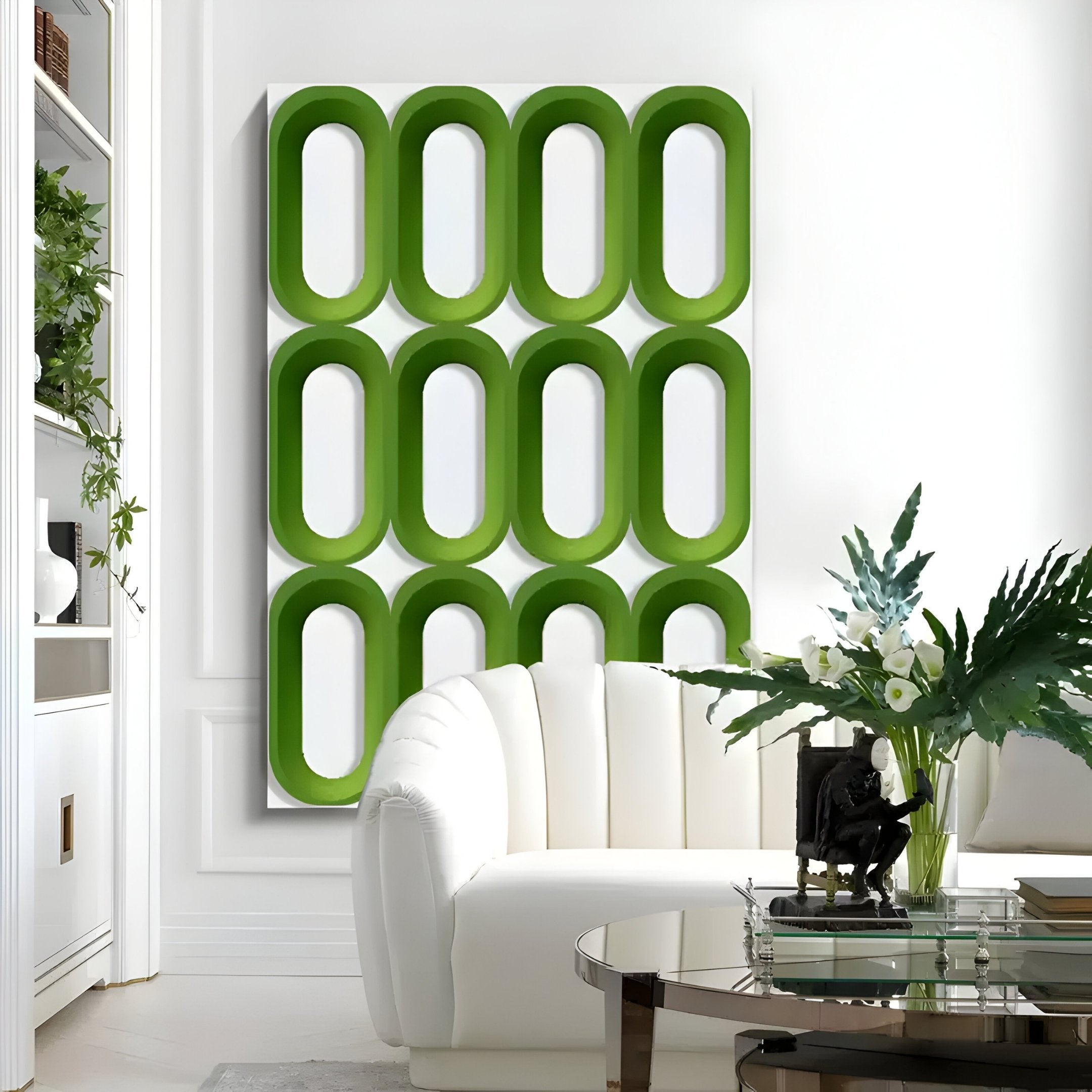 A modern living room with a white curved sofa, glass coffee table, vase of foliage, and the Giant Sculptures Revela White & Green Geometric Wood Relief 3D Wall Art—a bold touch of contemporary décor.