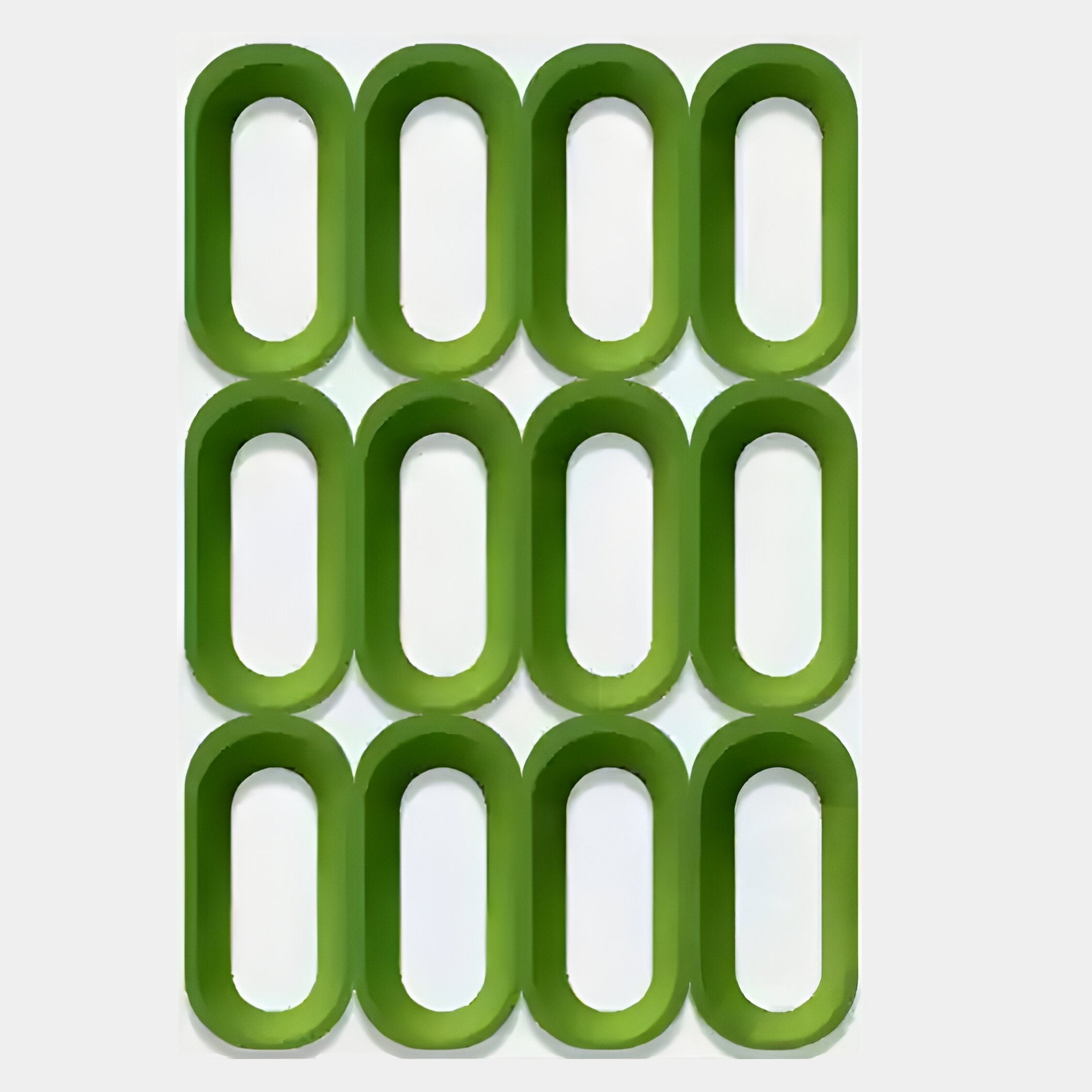 The Revela White & Green Geometric Wood Relief 3D Wall Art by Giant Sculptures features twelve green ovals in a 3x4 grid on white, creating bold, modern décor for your space.