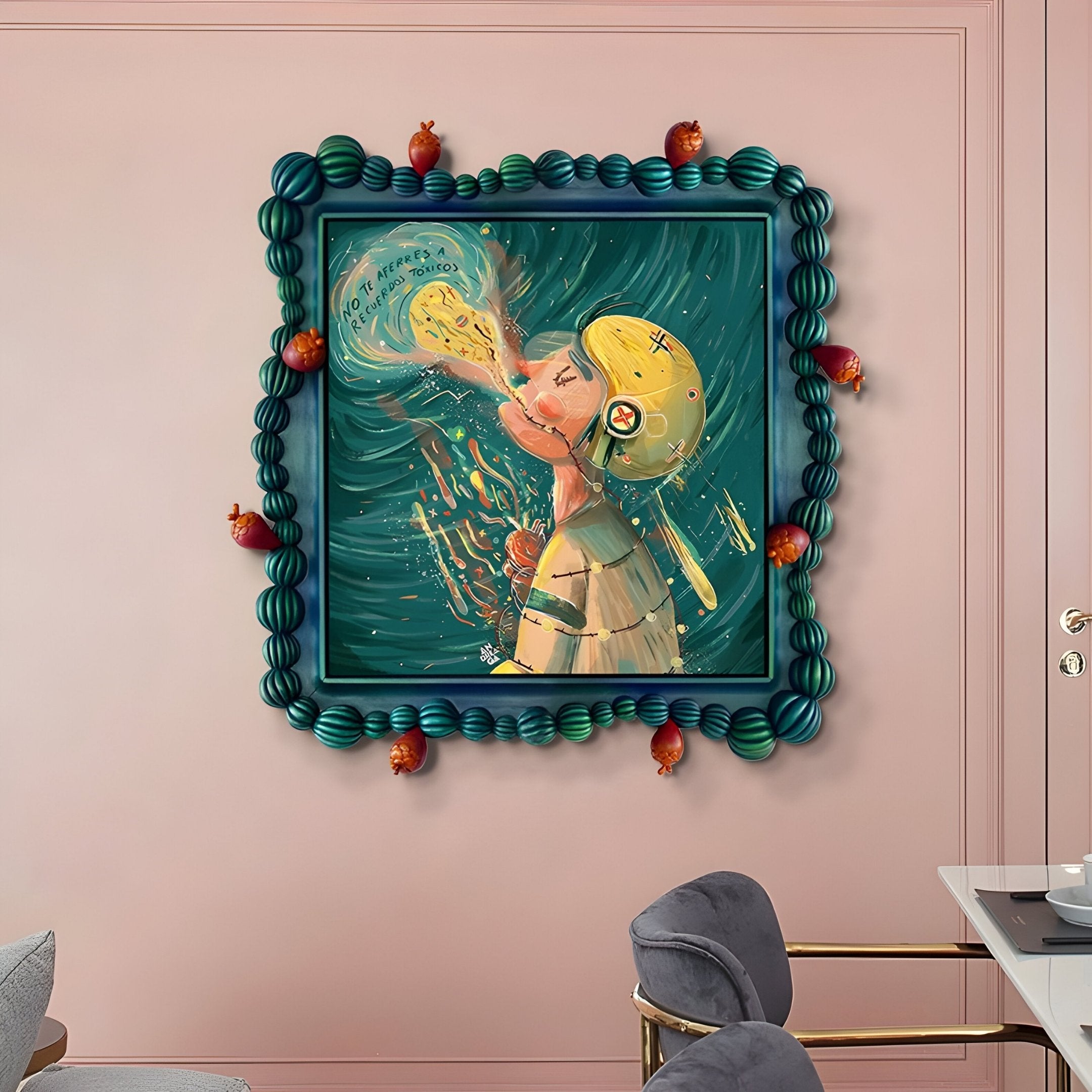 The Fabula Toxic Bubble Pop Anime Wood Relief 3D Wall Art by Giant Sculptures features a sculpted figure in a yellow helmet sprayed with liquid, surrounded by swirls and red pomegranates in a bold wavy blue frame against a pale pink wall.