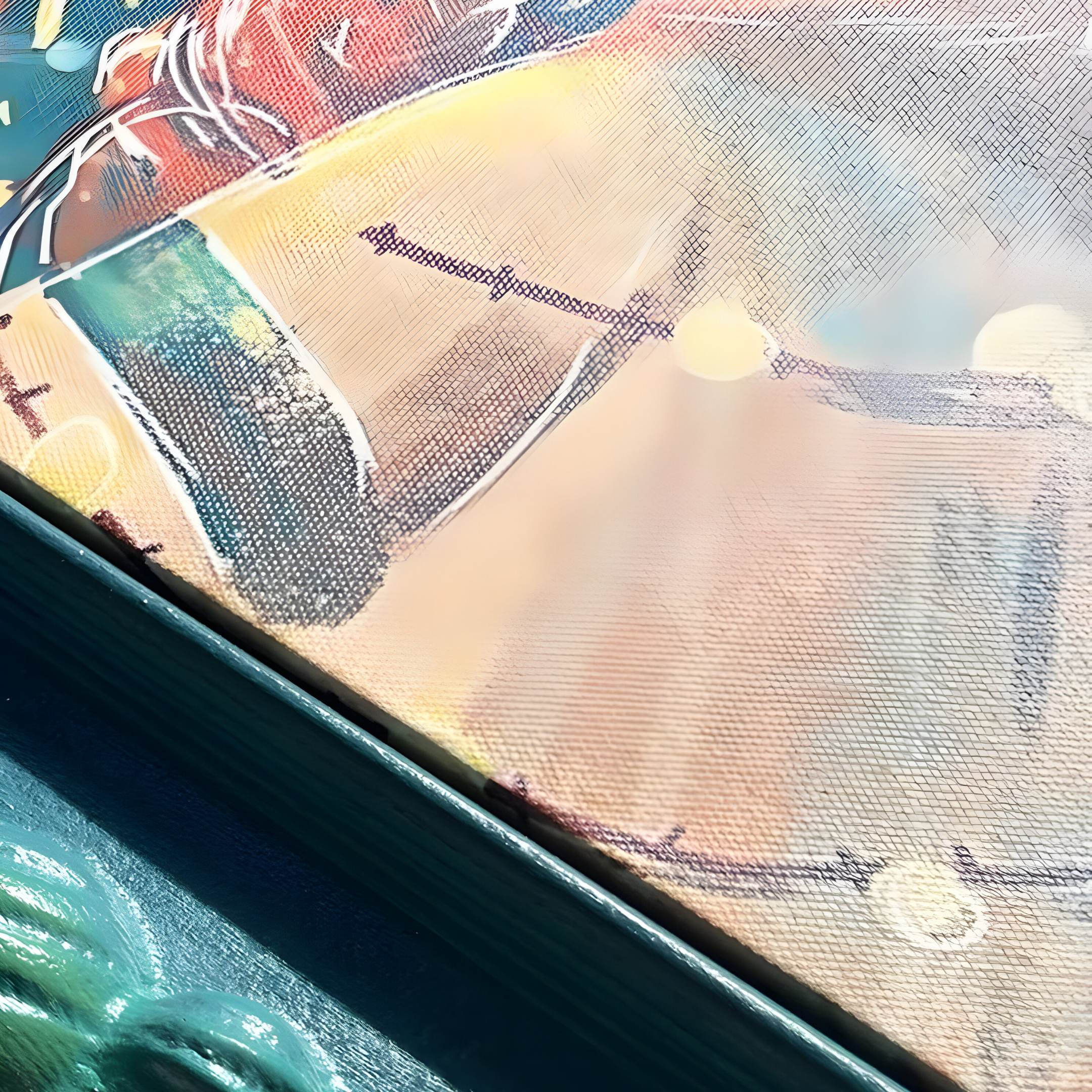 Close-up of Giant Sculptures Fabula Toxic Bubble Pop Anime Wood Relief 3D Wall Art, featuring bold lines, sculptural 3D detail, abstract shapes, and textured brushstrokes in bright teal, orange, and cream with glowing dots and curved patterns.