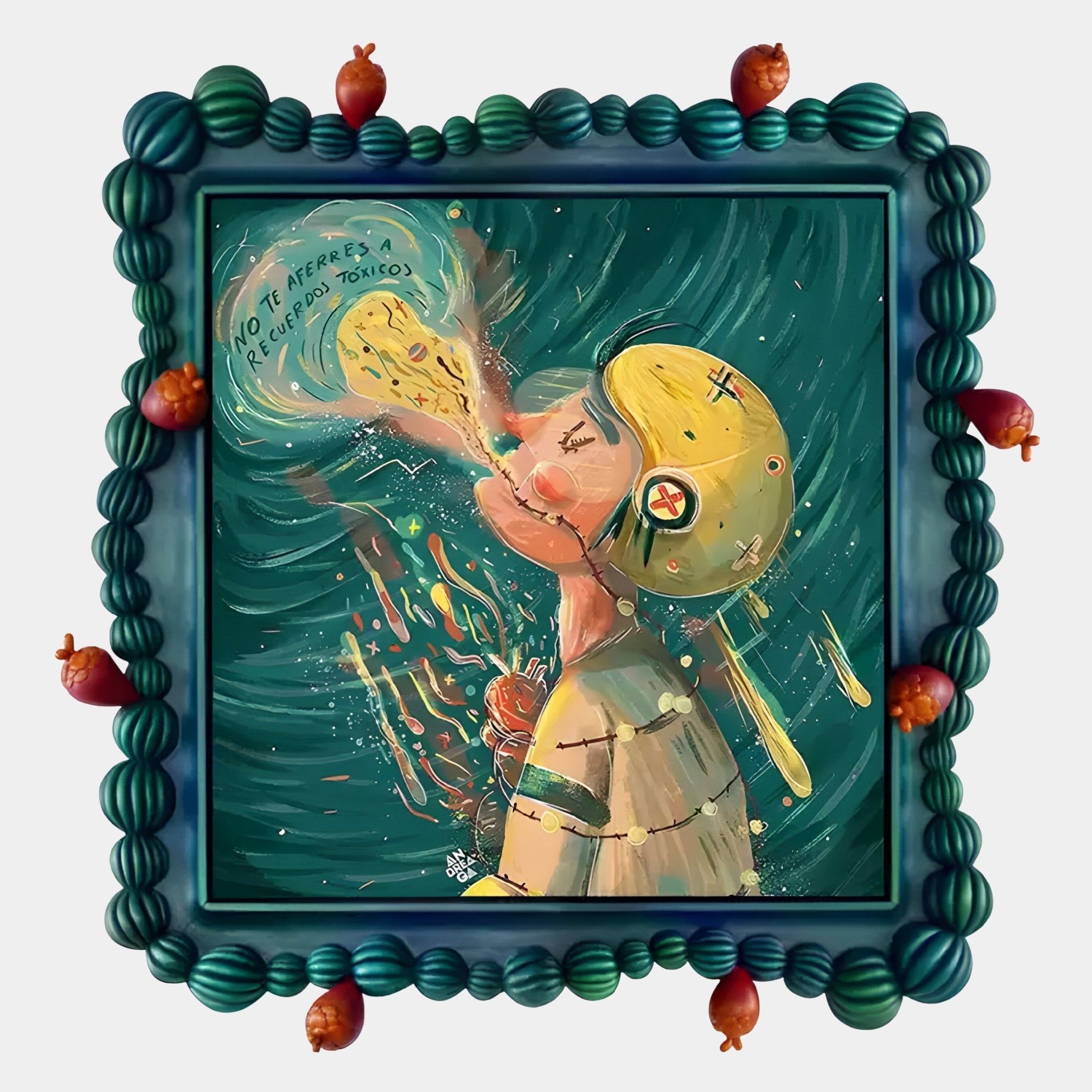 The Fabula Toxic Bubble Pop Anime Wood Relief 3D Wall Art by Giant Sculptures features a blonde figure in a helmet exhaling color toward a “¡No te aferres a recuerdos tóxicos!” bubble, framed by wavy blue and pomegranates.