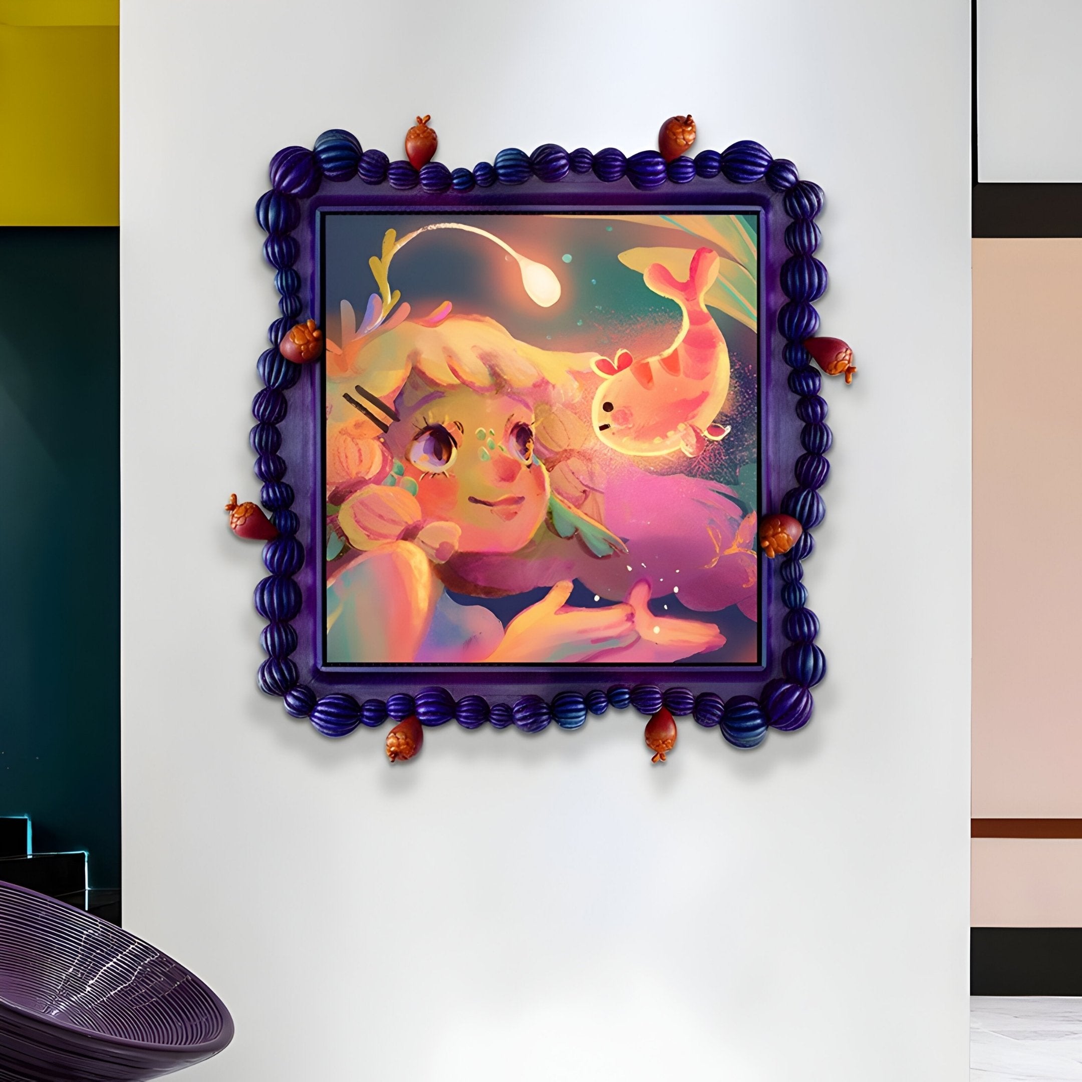 A vibrant Fabula Glowfish Encounter Anime 3D wood relief wall art by Giant Sculptures features a pink-haired girl and goldfish, surrounded by floating lights, displayed in a decorative purple frame with red ornaments on a white wall.