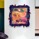 A vibrant Fabula Glowfish Encounter Anime 3D wood relief wall art by Giant Sculptures features a pink-haired girl and goldfish, surrounded by floating lights, displayed in a decorative purple frame with red ornaments on a white wall.