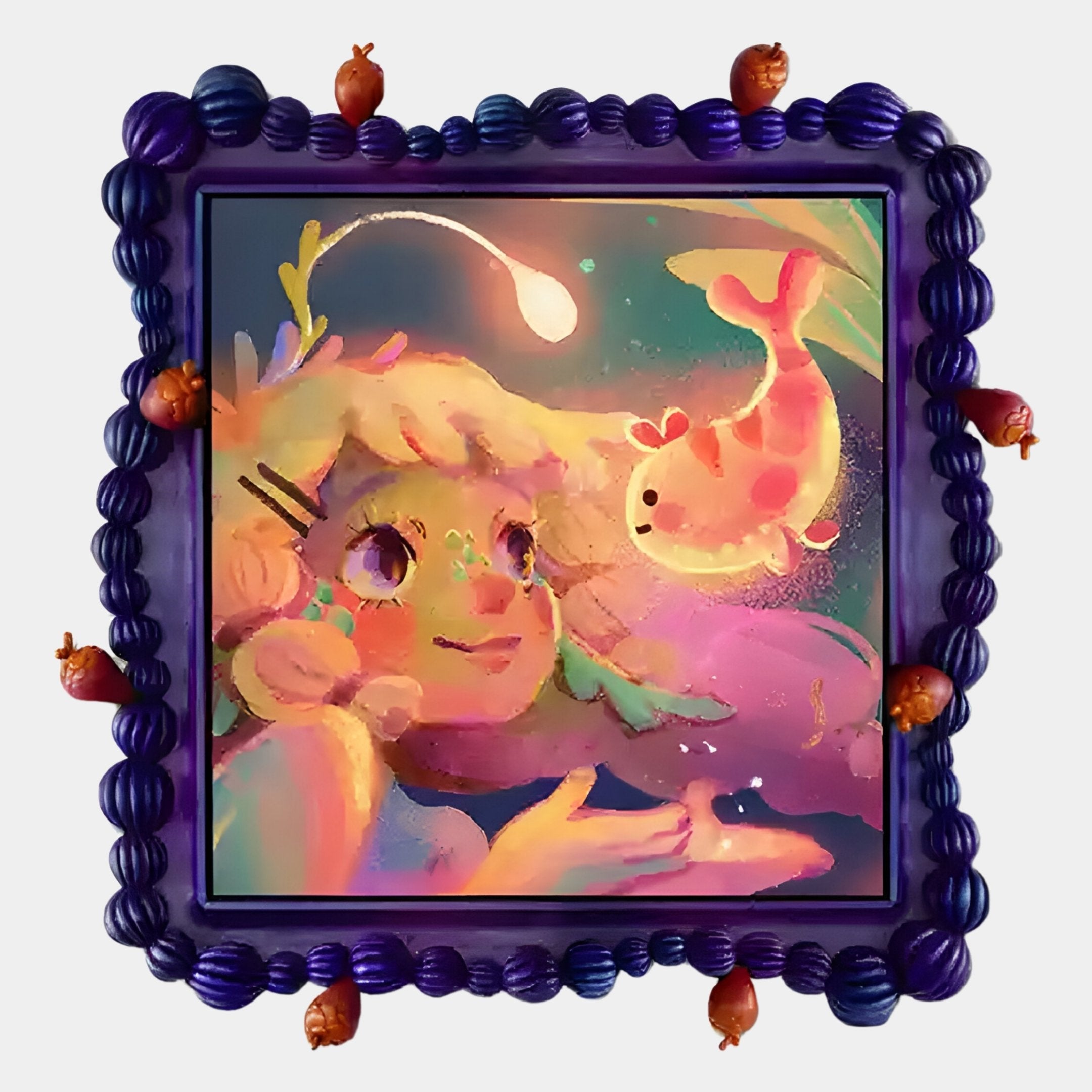 The Fabula Glowfish Encounter Anime Wood Relief 3D Wall Art by Giant Sculptures features a blonde girl smiling at a glowing fish, framed in deep purple with beaded details and animal figurines for whimsical, vibrant anime-inspired charm.