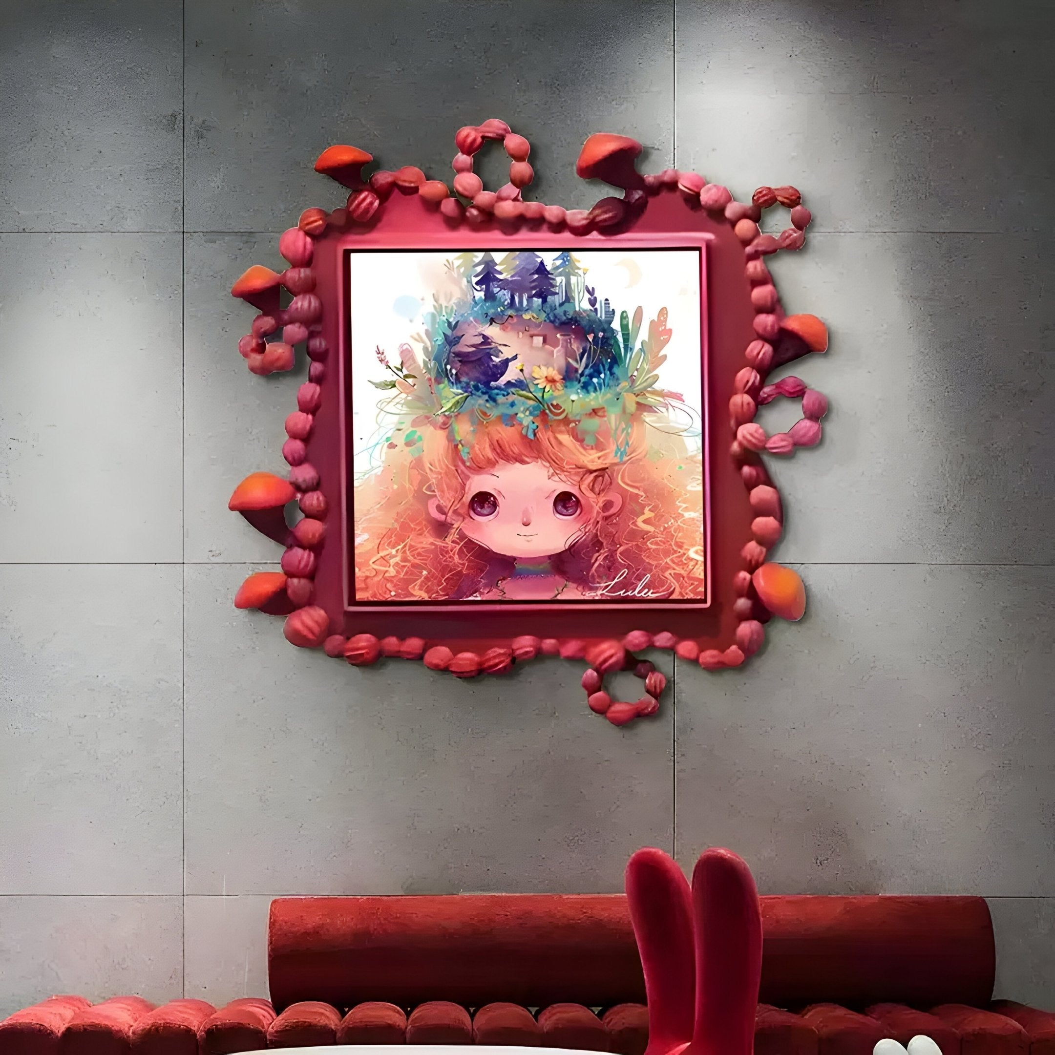 The Fabula Dreamy Crown Anime Wood Relief 3D Wall Art by Giant Sculptures, featuring a girl with curly hair and a fantasy landscape, hangs above a red couch with bunny ear cushions in a pink mushroom-themed frame on a gray wall.