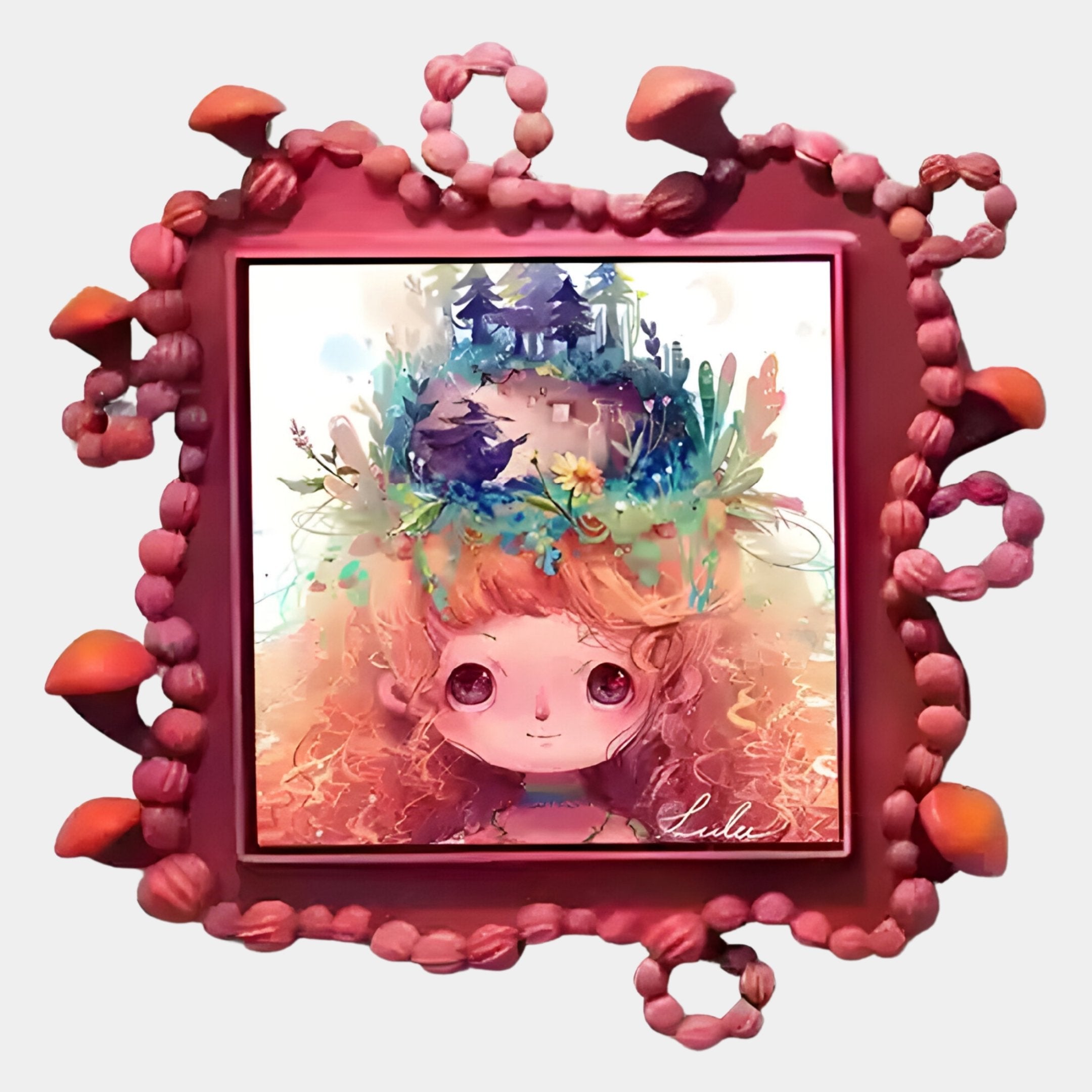A whimsical girl with curly hair wears the Fabula Dreamy Crown, made of trees and a tiny house. This Giant Sculptures anime wood relief 3D wall art features a pink frame with sculpted mushrooms and vines for a magical, fairy-tale look.