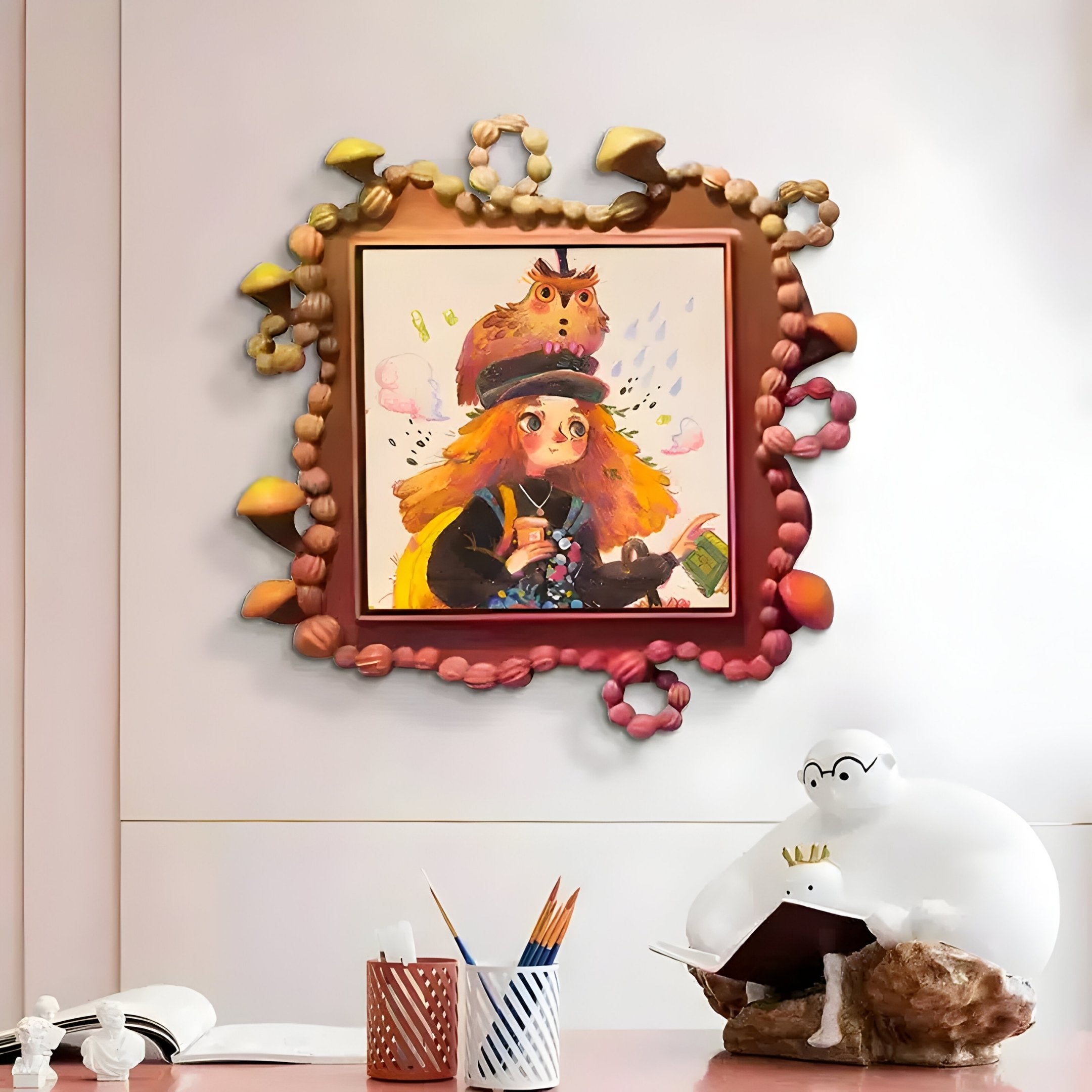 Giant Sculptures Fabula Owl Companion Artist Anime Wood Relief 3D Wall Art features a girl with orange hair in a wizard hat, her owl companion atop her head, framed by whimsical shapes with art supplies and an owl figurine nearby.