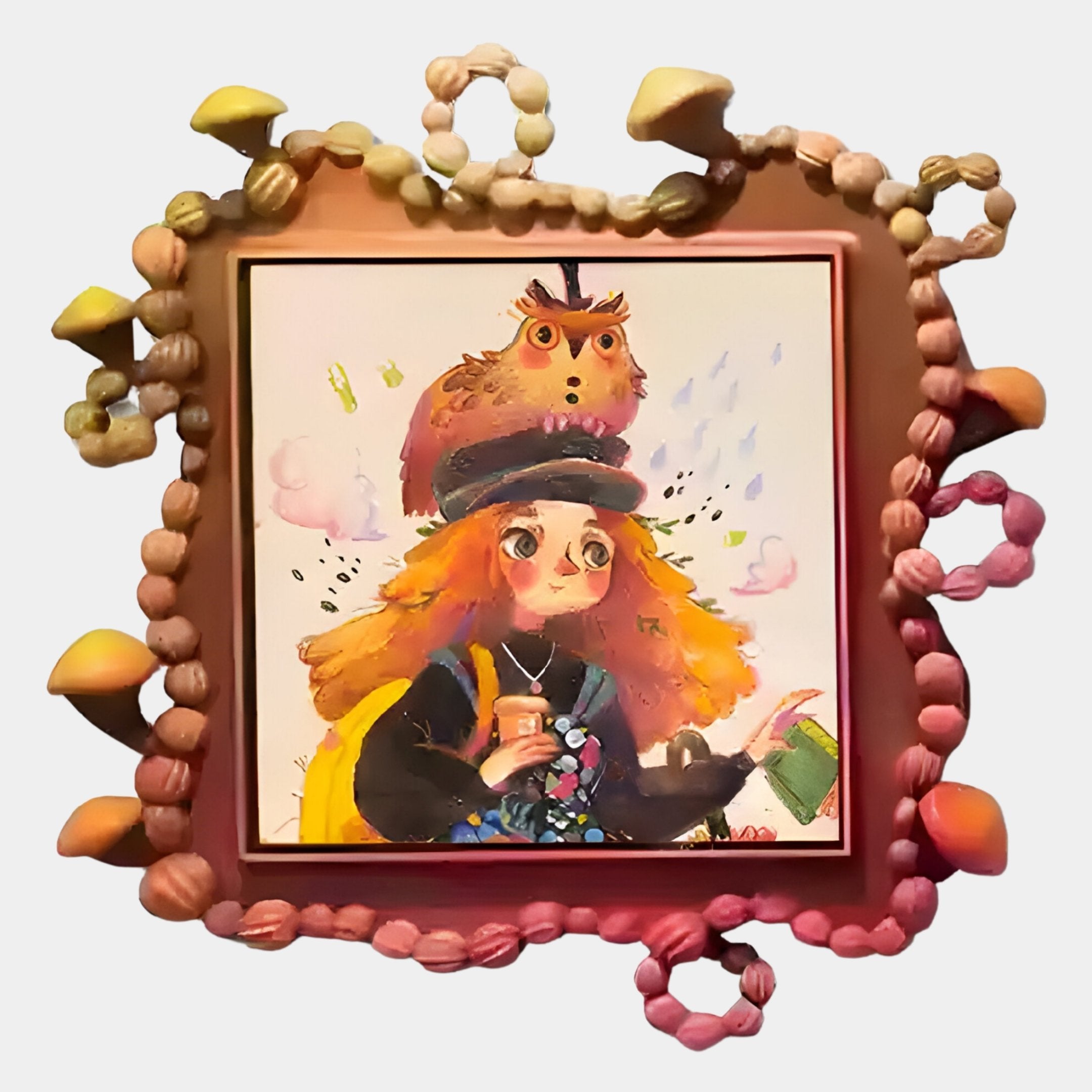 A whimsical painting of a girl with orange hair and her Fabula Owl Companion, this Giant Sculptures Artist Anime Wood Relief 3D Wall Art features playful mushroom and vine detailing for a colorful, charming look.
