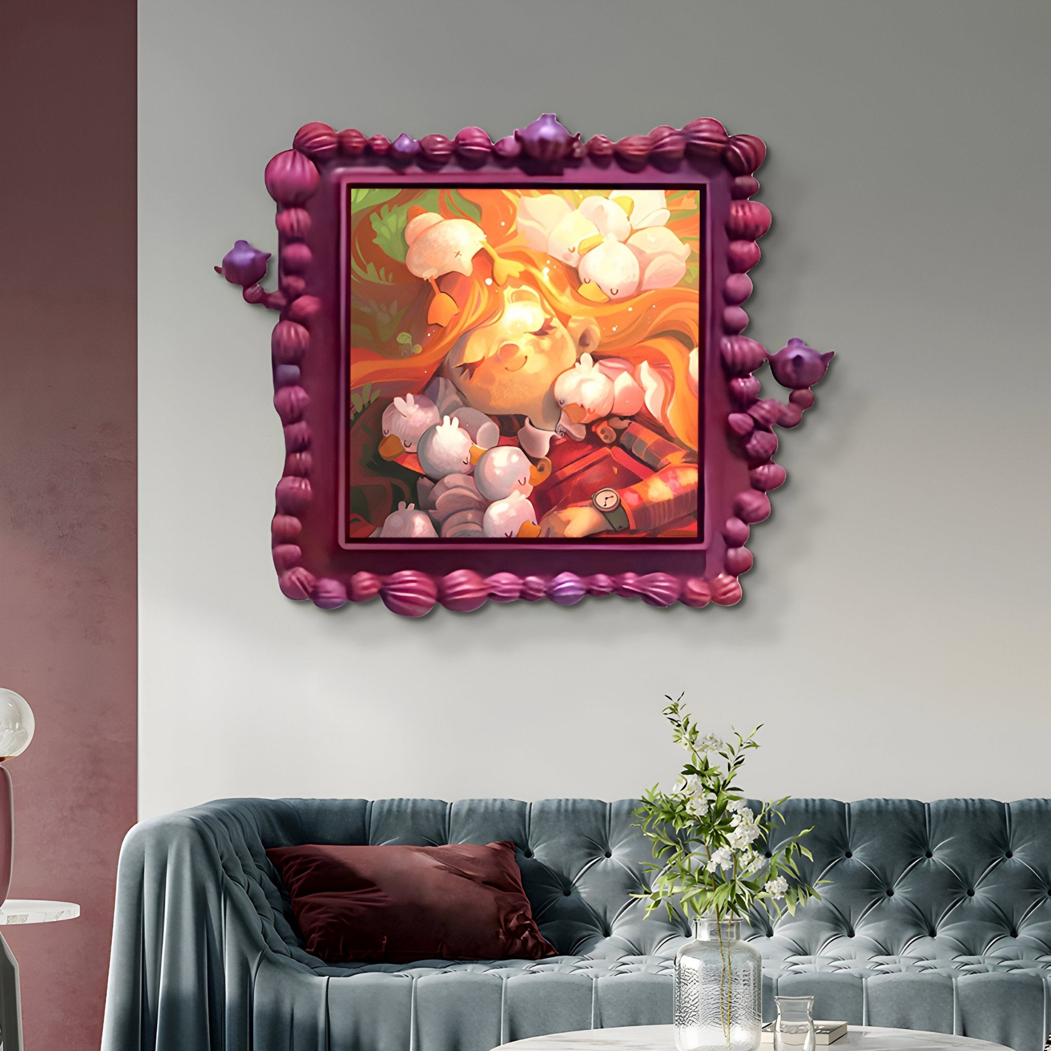 The Fabula Cotton Blossom Sleep Anime Wood Relief 3D Wall Art by Giant Sculptures, with its vibrant cartoon style and ornate purple frame, brings playful charm above a plush blue-green sofa and glass coffee table in this modern living room.