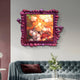 The Fabula Cotton Blossom Sleep Anime Wood Relief 3D Wall Art by Giant Sculptures, with its vibrant cartoon style and ornate purple frame, brings playful charm above a plush blue-green sofa and glass coffee table in this modern living room.
