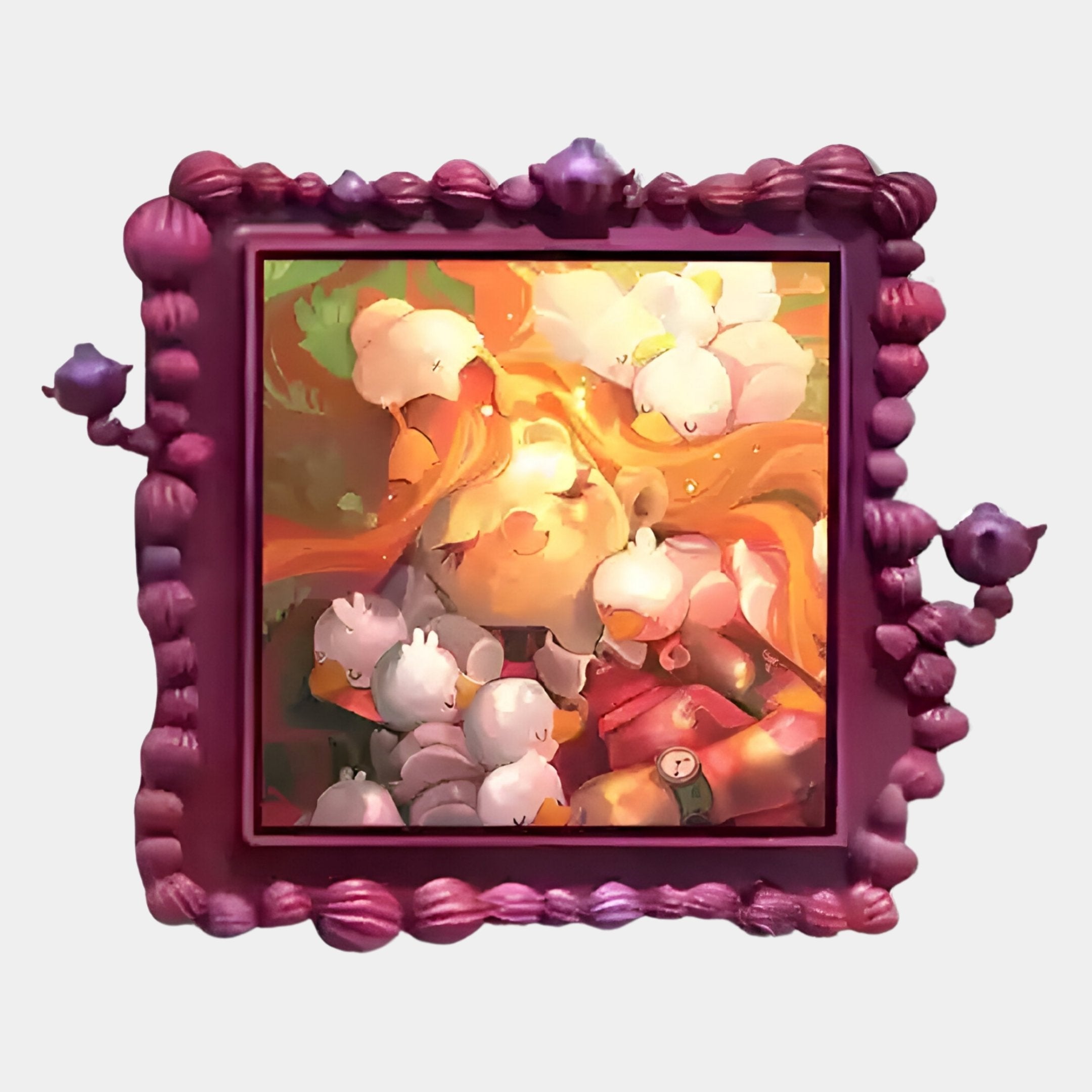 The Fabula Cotton Blossom Sleep Anime Wood Relief 3D Wall Art by Giant Sculptures showcases a serene, orange-haired character with fluffy white creatures in a playful cartoon style, framed in purple against a vivid backdrop.