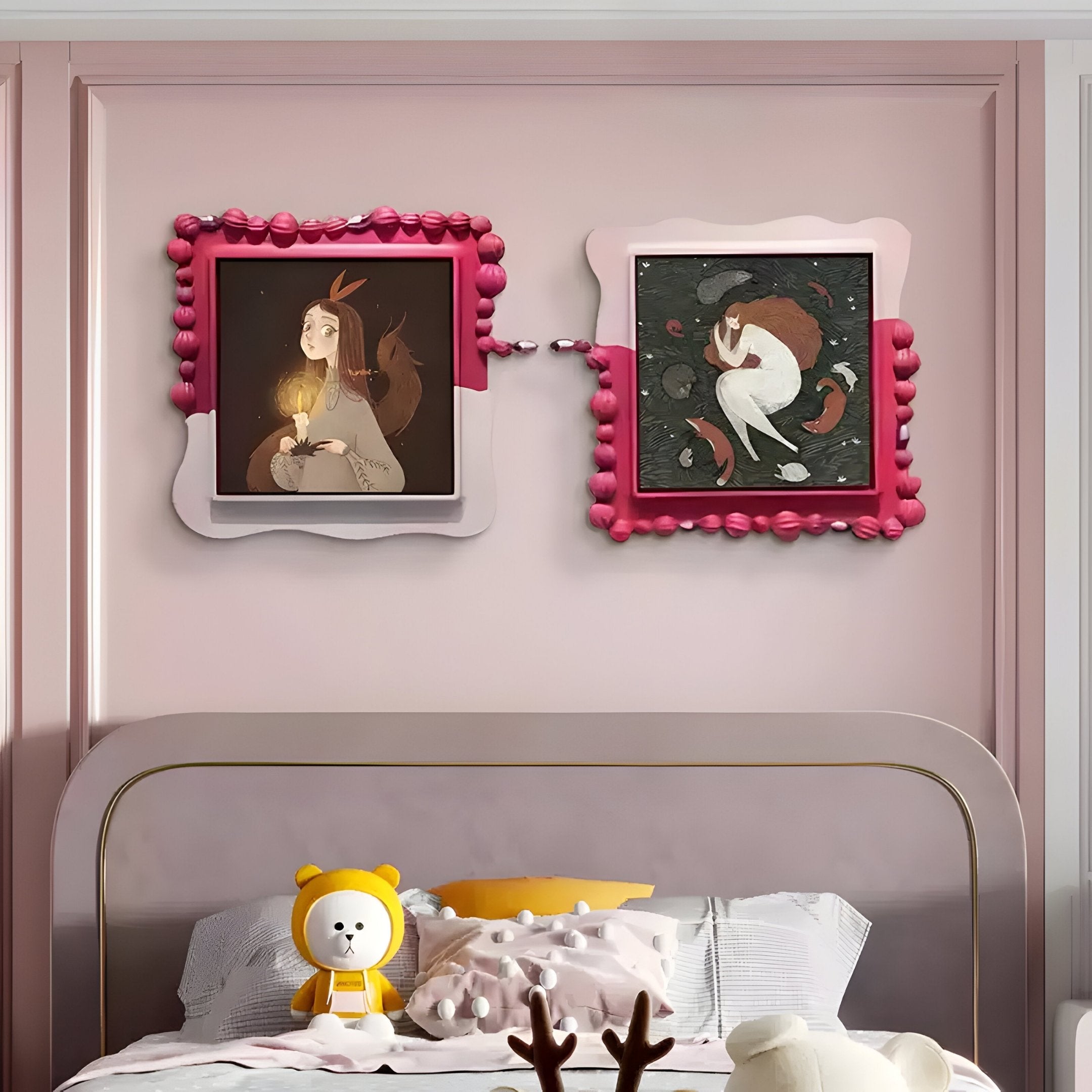 Two framed Giant Sculptures prints hang above a bed on a pink wall: one shows Fabula Girl with a candle, the other is the Fabula Girl with Fox Circle Anime Wood Relief 3D Wall Art. A plush bear and an antler pillow rest on the bed.
