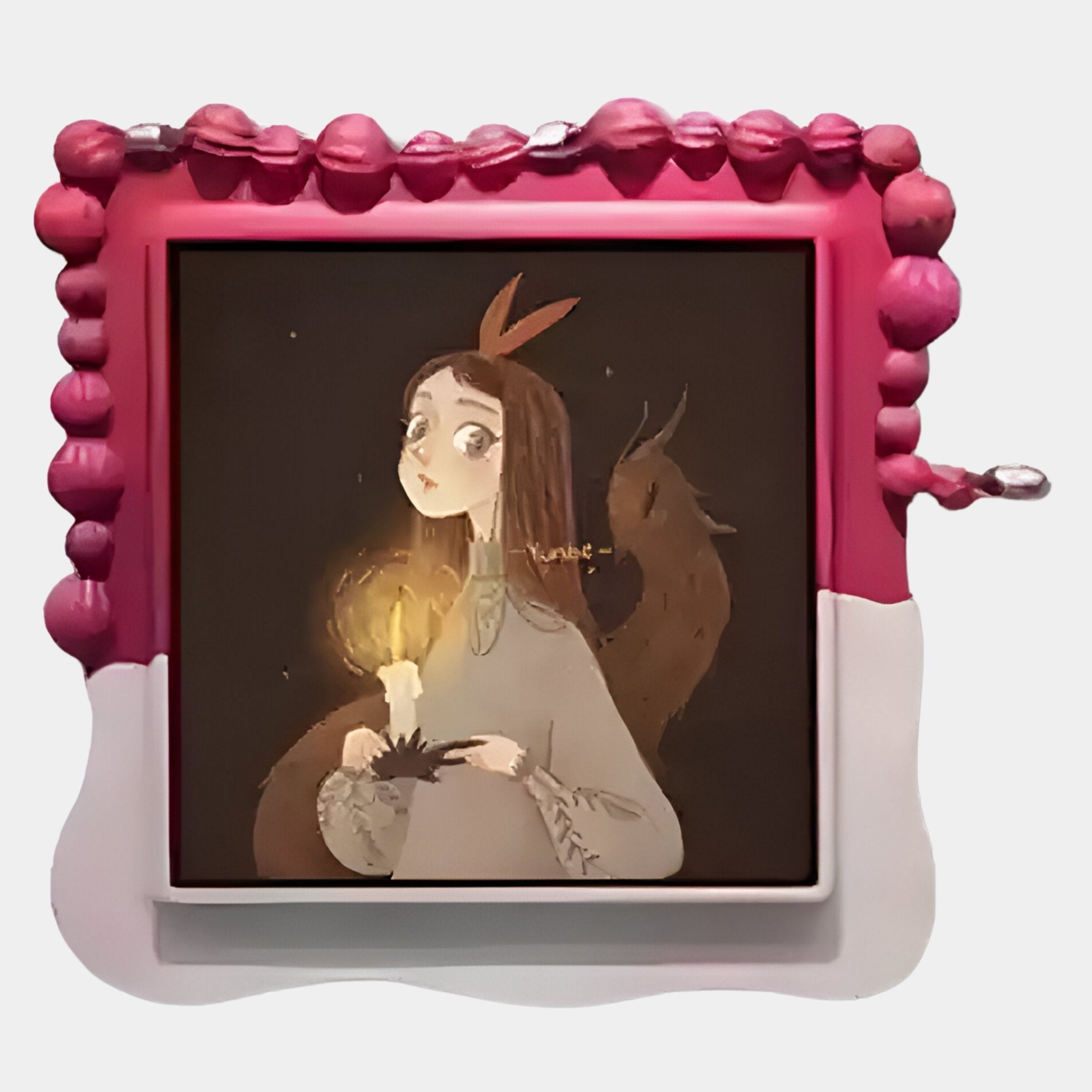 The Fabula Candle in the Dark Anime Wood Relief 3D Wall Art by Giant Sculptures features a girl with long brown hair and deer antlers, holding a lit candle against a dark background in a pink-accented frame with whimsical decor details.