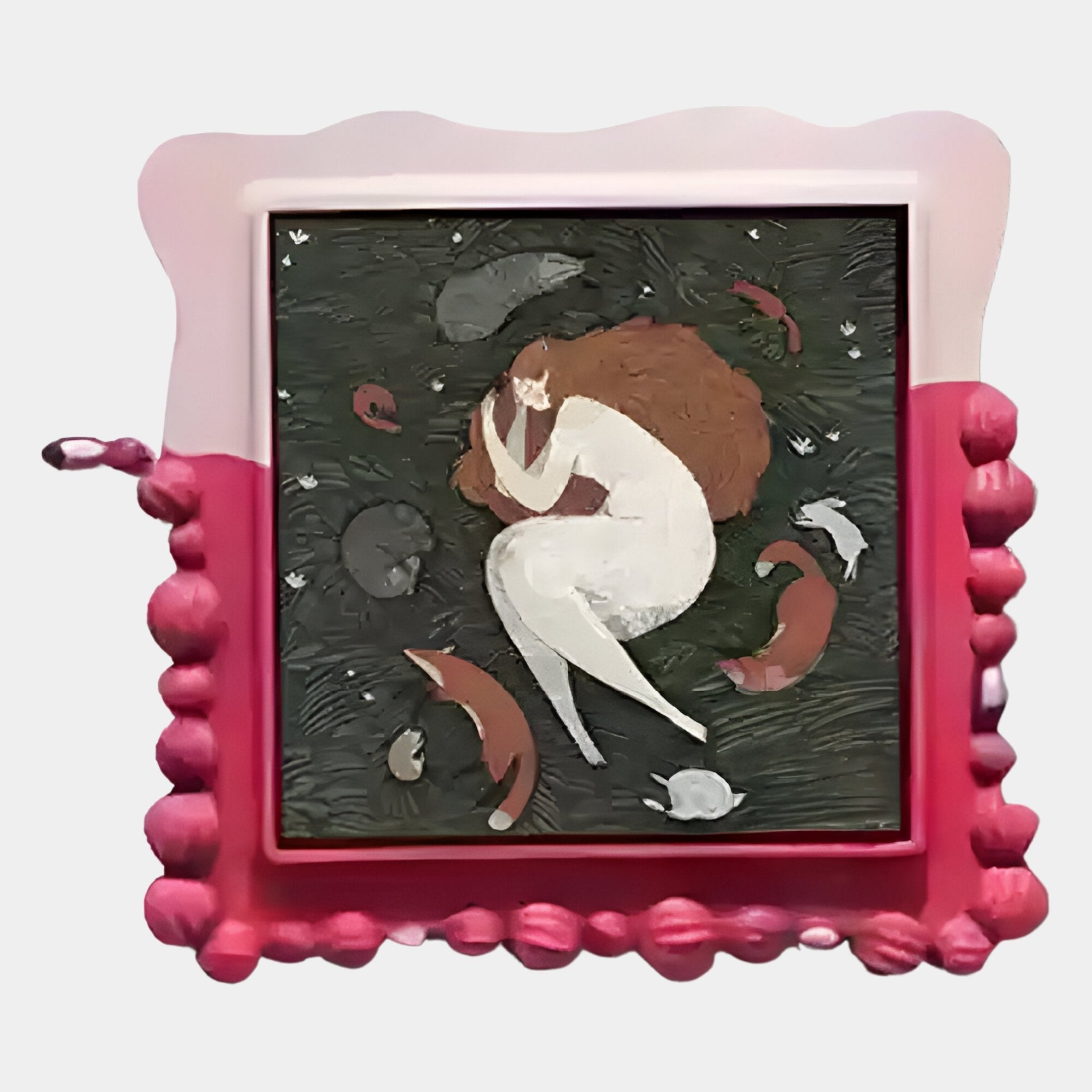 The Fabula Girl with Fox Circle Anime Wood Relief 3D Wall Art by Giant Sculptures features a woman with long red hair, foxes, and foliage in a decorative pink and red frame with a wavy, bump-edged border.