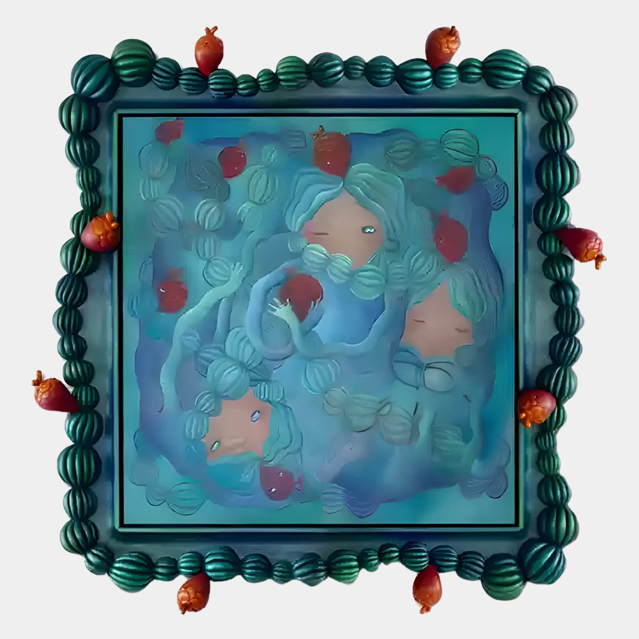 The Fabula Pomegranate Sea Anime Wood Relief 3D Wall Art by Giant Sculptures showcases three ethereal blue-haired faces in swirling water with floating pomegranates, framed by ornate beaded patterns and sculpted 3D wood relief pomegranates on each corner.