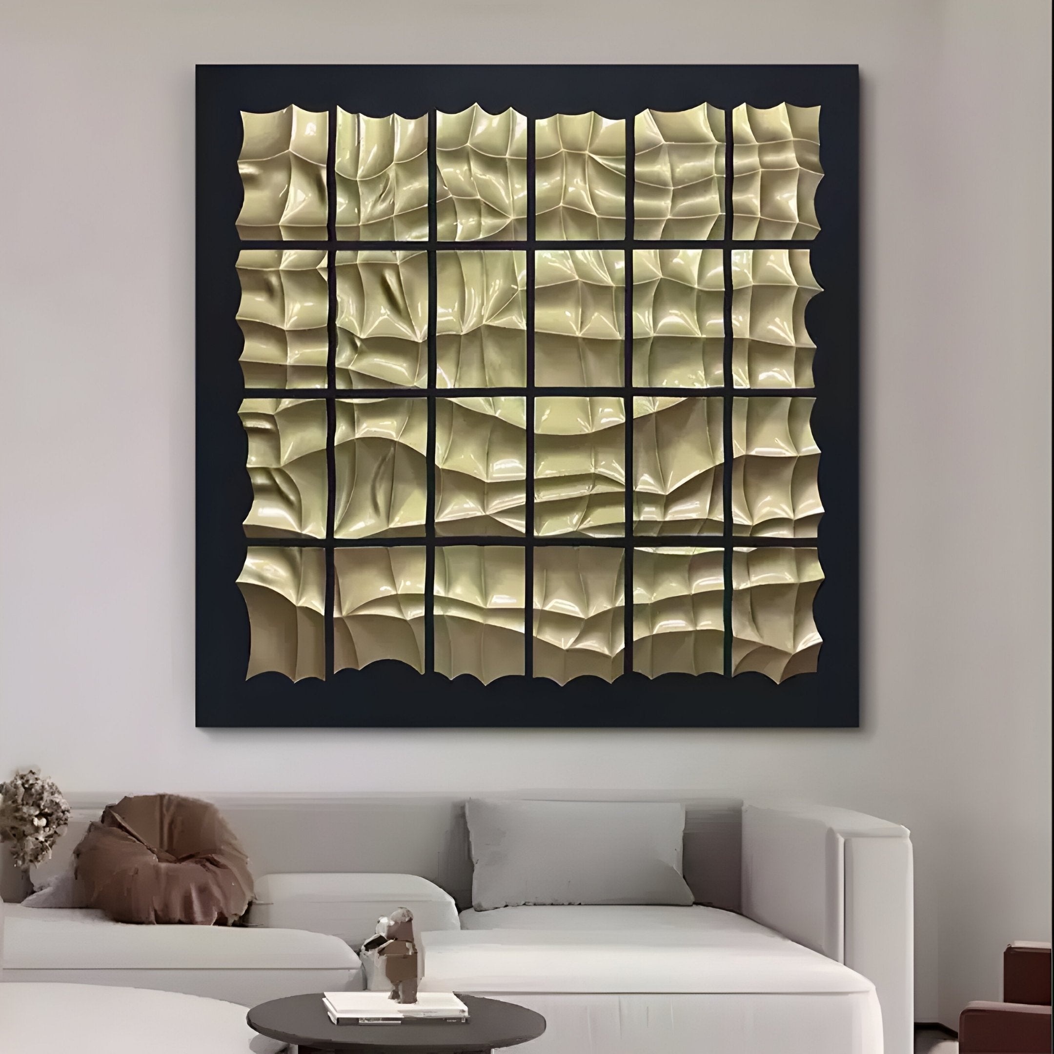 The Aurion Black & Gold Glossy Wood Carving 3D Wall Art by Giant Sculptures hangs above a modern white sectional, creating a striking focal point in this minimalist living room designed for contemporary interiors.
