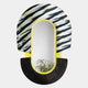 The Arcus Black & Yellow Zebra Stripes Mirror 3D Wooden Wall Art by Giant Sculptures features an oval shape, yellow frame, bold zebra stripes on top, and a textured black semicircle—perfect for reflecting green plants.