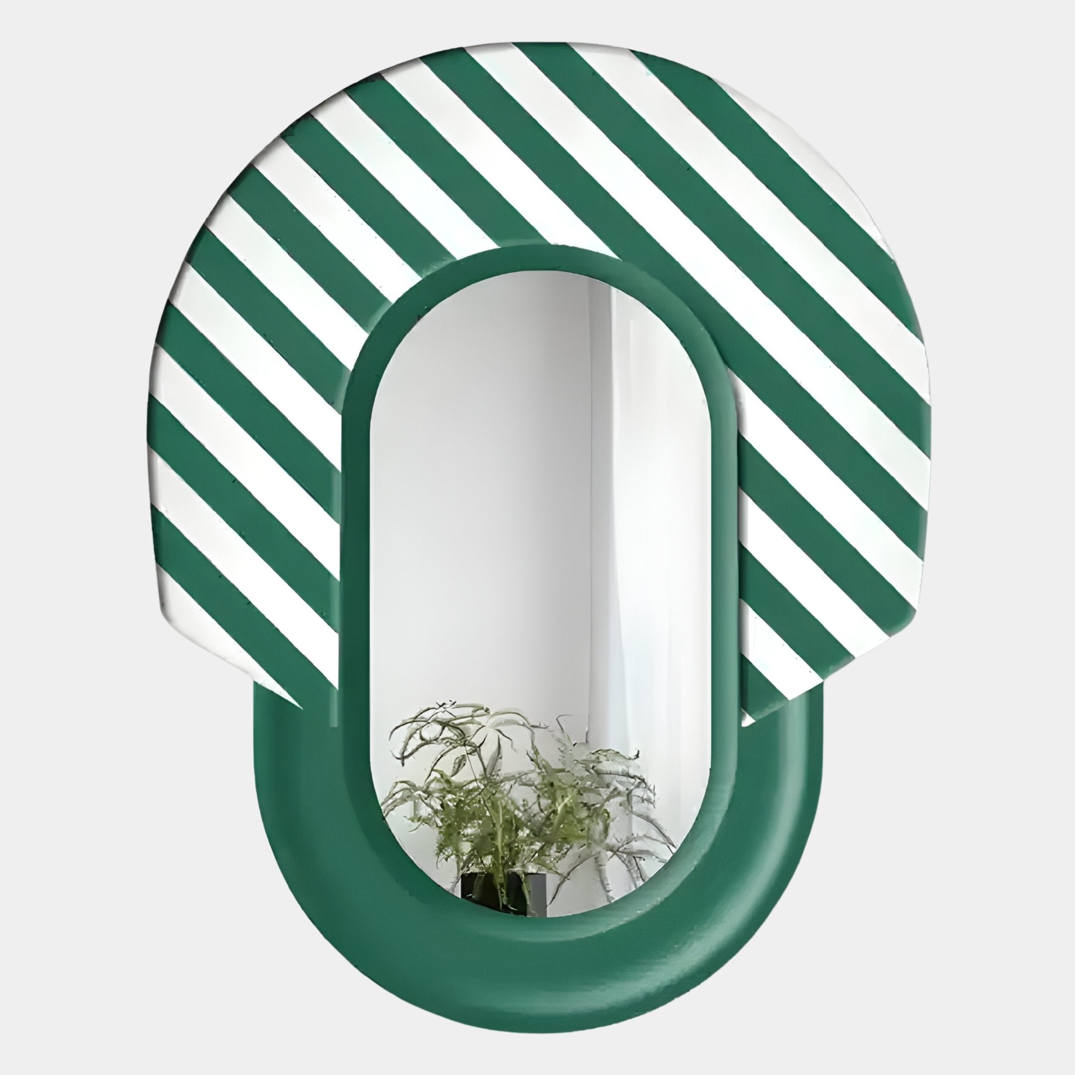 The Arcus Green & White Striped Mirror 3D Wooden Wall Art by Giant Sculptures features bold green and white diagonal stripes, a striking oval shape, and eye-catching 3D details that create a standout modern look in any room.