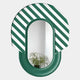 The Arcus Green & White Striped Mirror 3D Wooden Wall Art by Giant Sculptures features bold green and white diagonal stripes, a striking oval shape, and eye-catching 3D details that create a standout modern look in any room.