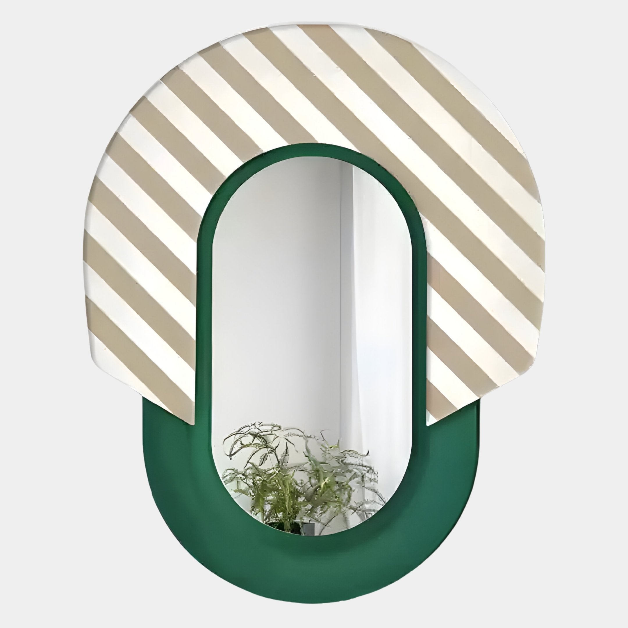 The Arcus Green & Beige-White Striped Mirror 3D Wooden Wall Art by Giant Sculptures showcases a contemporary arched design, with cream and tan stripes above a solid green base, reflecting modern style in any space.