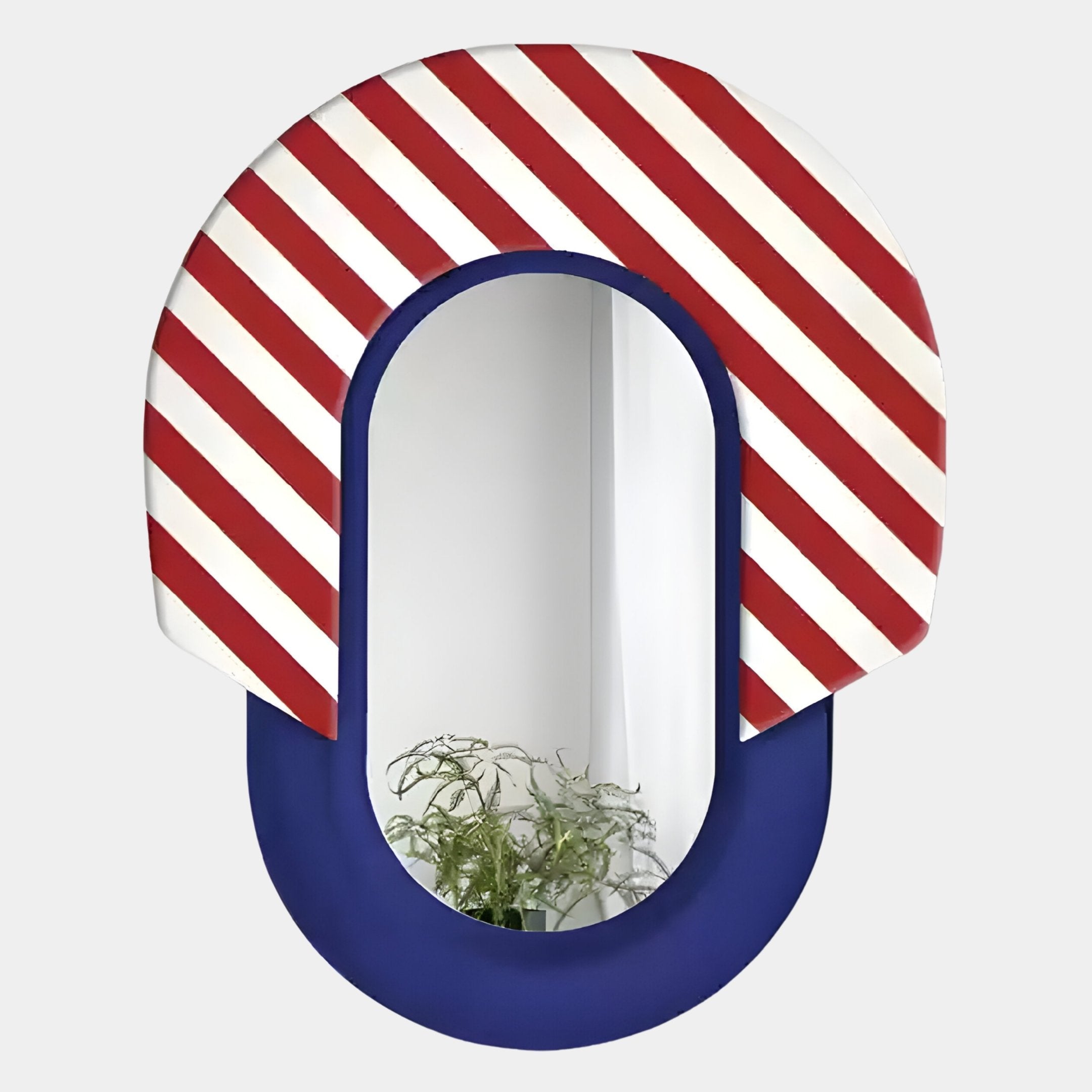 The Arcus Blue & Red-White Striped Mirror 3D Wooden Wall Art by Giant Sculptures features a rounded “U” frame with bold stripes and a solid blue base, blending modern function and artistic appeal—perfect for stylish interiors.