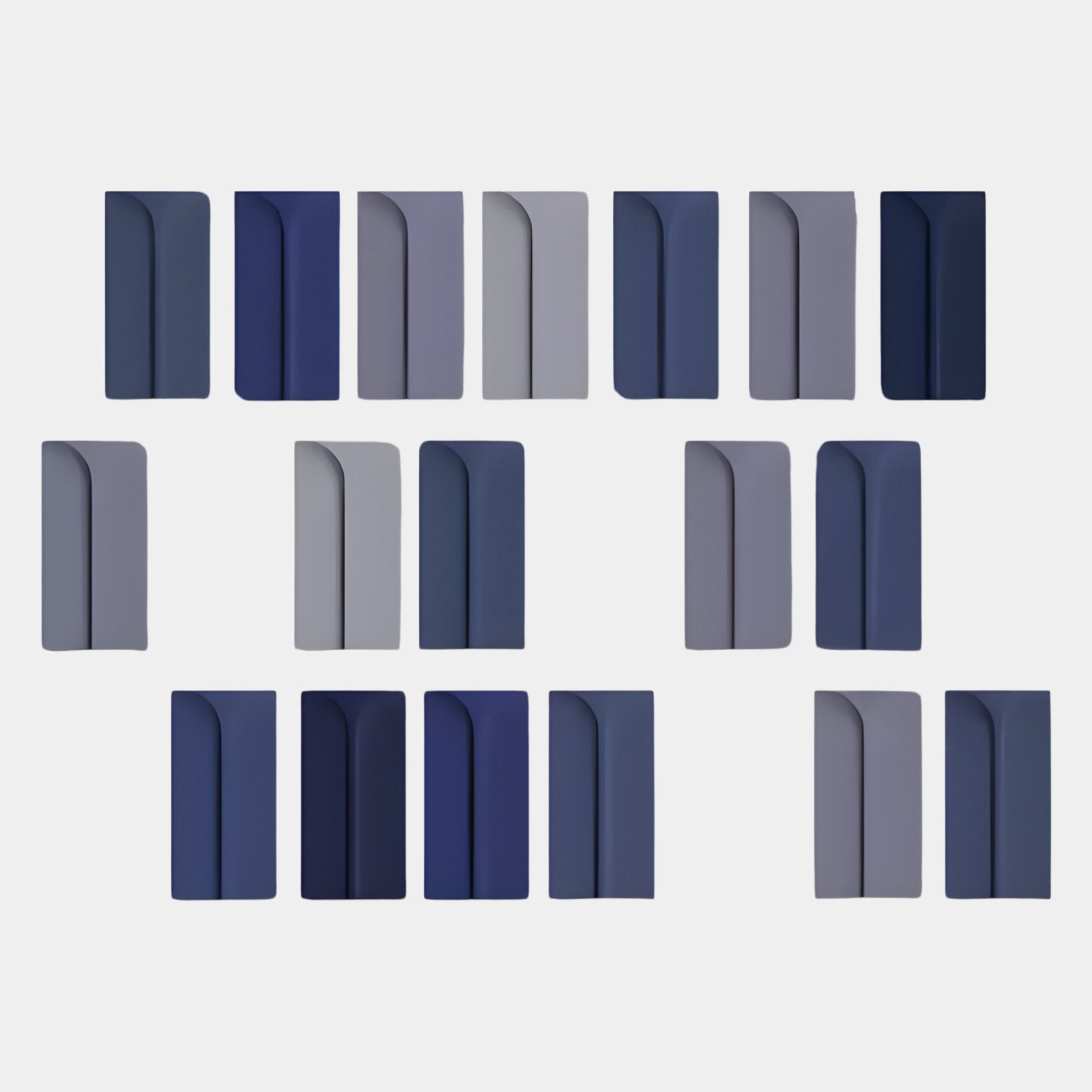 Seventeen rectangular Eximia Blue Tones Multi-Panel Wood Relief 3D Wall Art pieces by Giant Sculptures, with right-edge curved cutouts, form four staggered rows on white, channeling Nordic Minimalism in blue and gray.