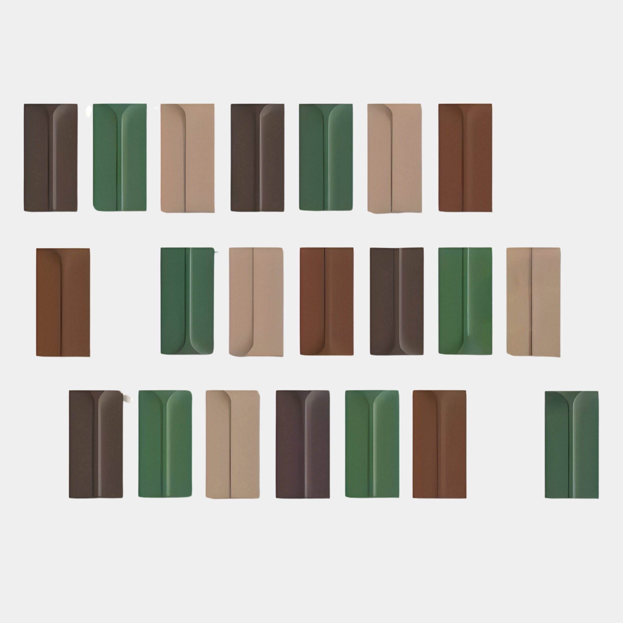 The Eximia Brown & Green Tones Multi-Panel Wood Relief 3D Wall Art by Giant Sculptures features rows of rectangular pieces with curved indentations, set on a white background—ideal for minimalist spaces.